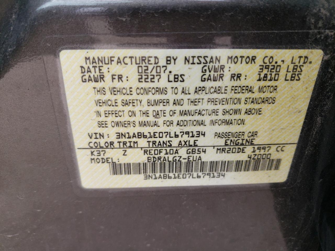 2007 Nissan Sentra 2.0 VIN: 3N1AB61E07L679134 Lot: 50477484