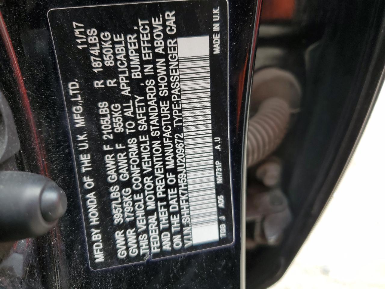 SHHFK7H59JU209672 2018 Honda Civic Ex