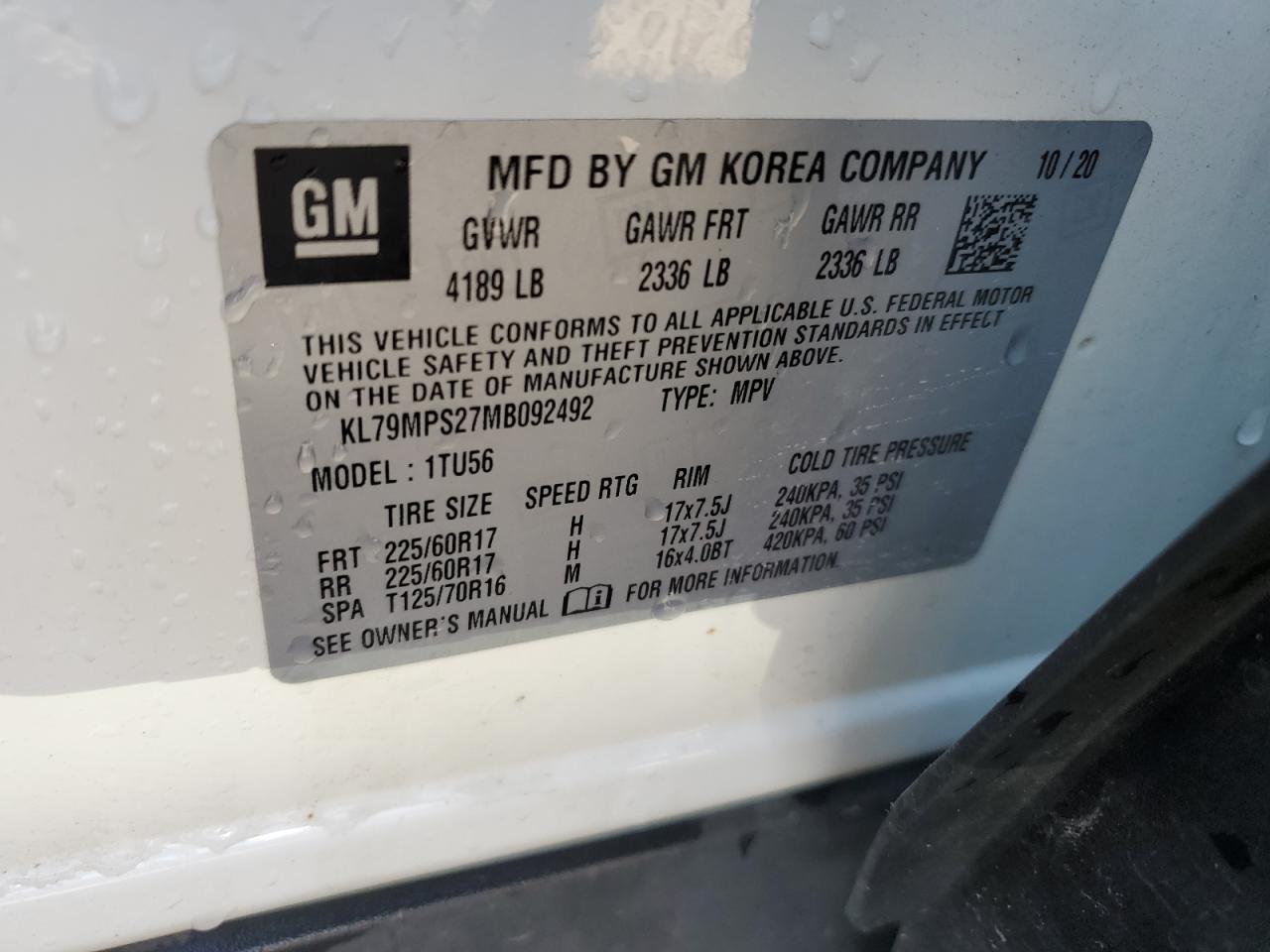 2021 Chevrolet Trailblazer Lt VIN: KL79MPS27MB092492 Lot: 51918854