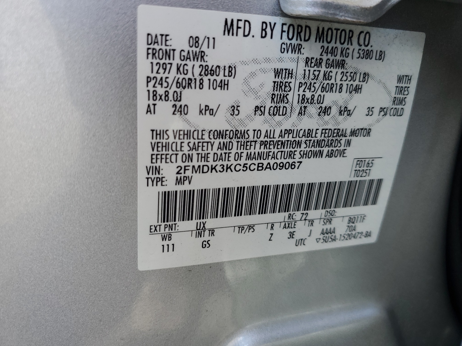 2FMDK3KC5CBA09067 2012 Ford Edge Limited