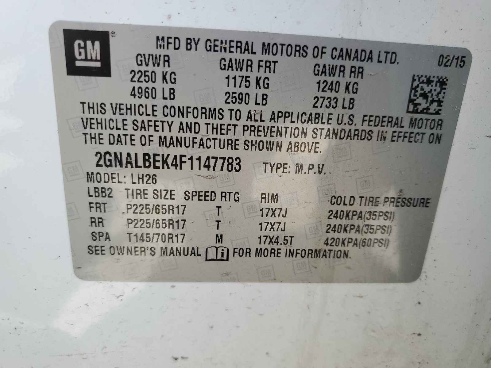 2GNALBEK4F1147783 2015 Chevrolet Equinox Lt