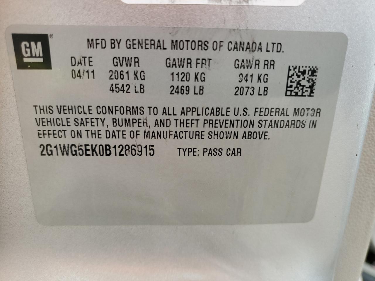 2011 Chevrolet Impala Lt VIN: 2G1WG5EK0B1286915 Lot: 65348724