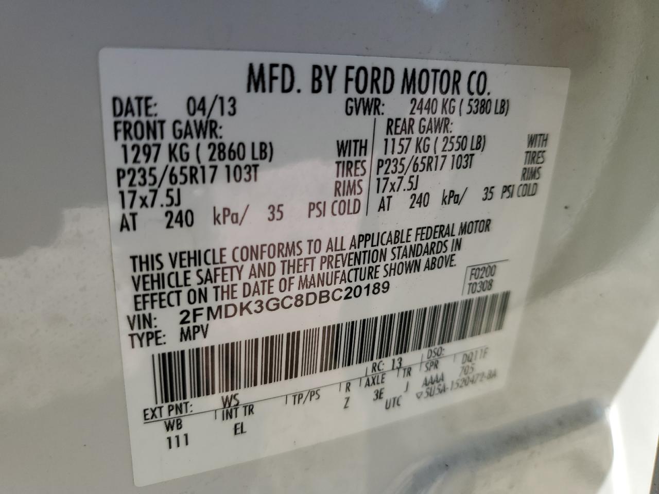 2013 Ford Edge Se VIN: 2FMDK3GC8DBC20189 Lot: 82370224