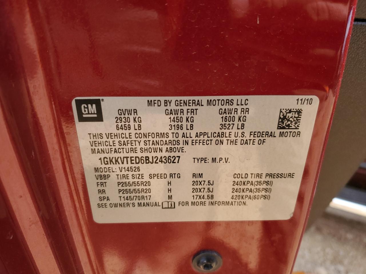 2011 GMC Acadia Denali VIN: 1GKKVTED6BJ243627 Lot: 49736104