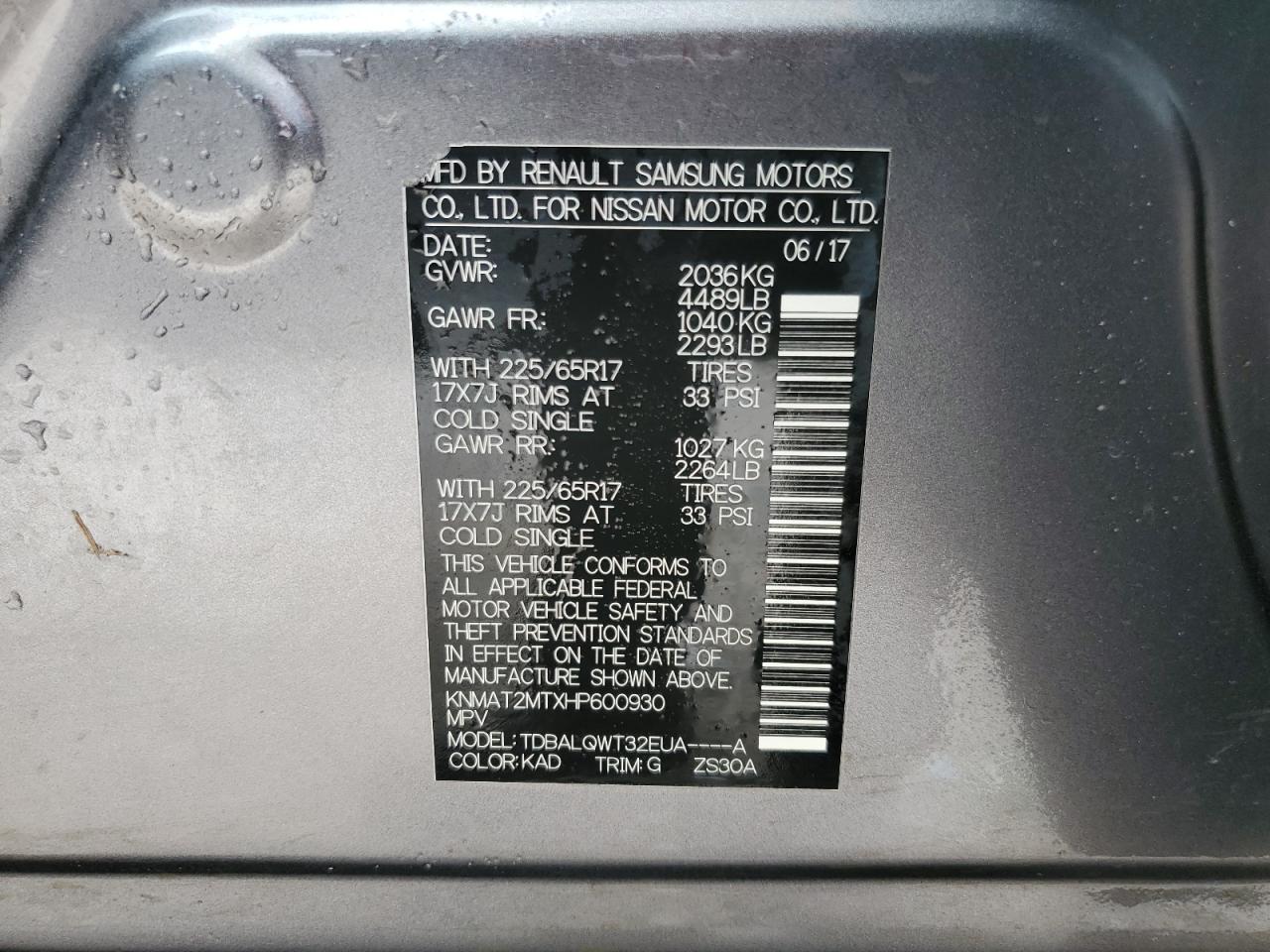 2017 Nissan Rogue S VIN: KNMAT2MTXHP600930 Lot: 51572684