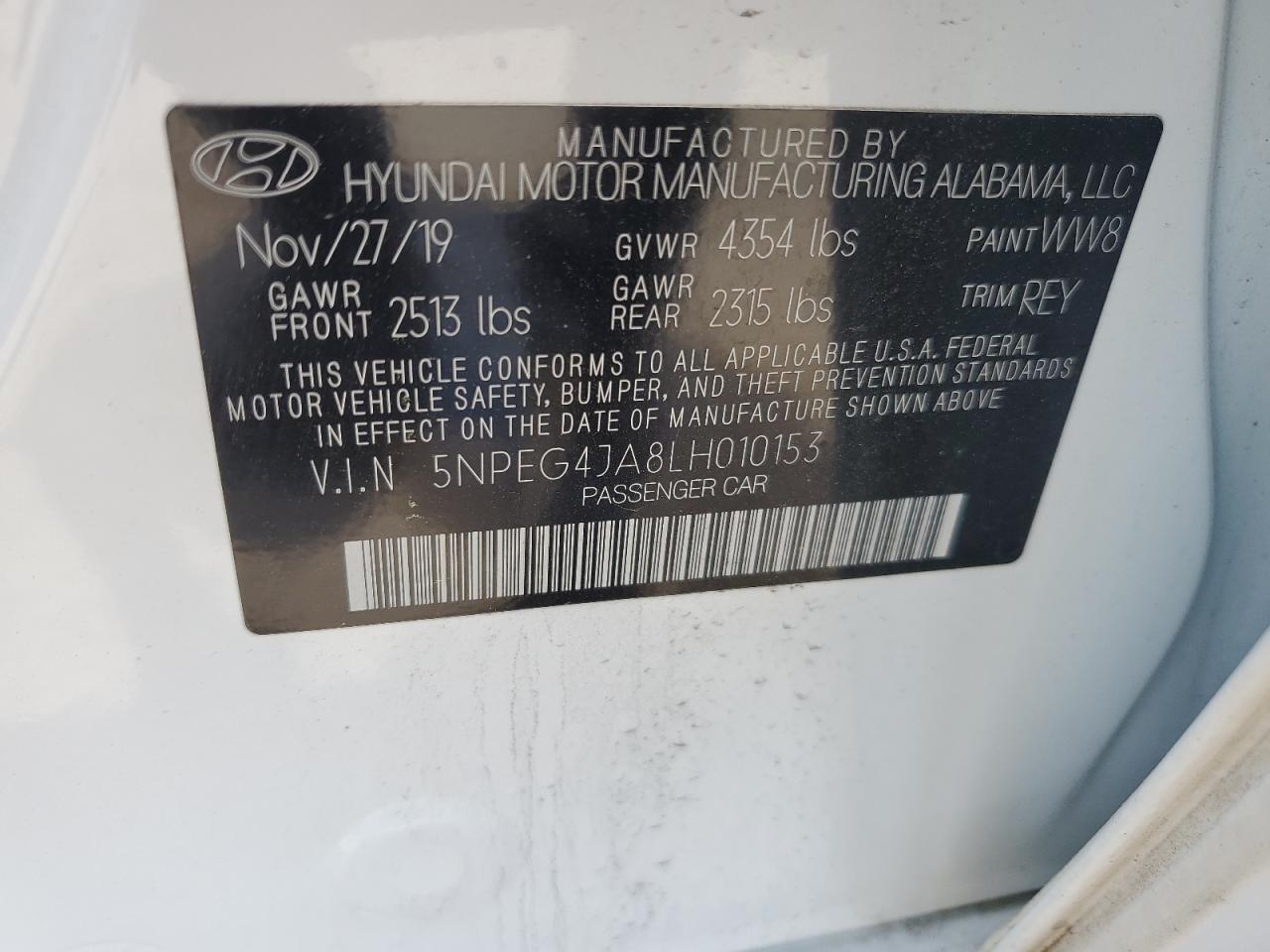 5NPEG4JA8LH010153 2020 Hyundai Sonata Se