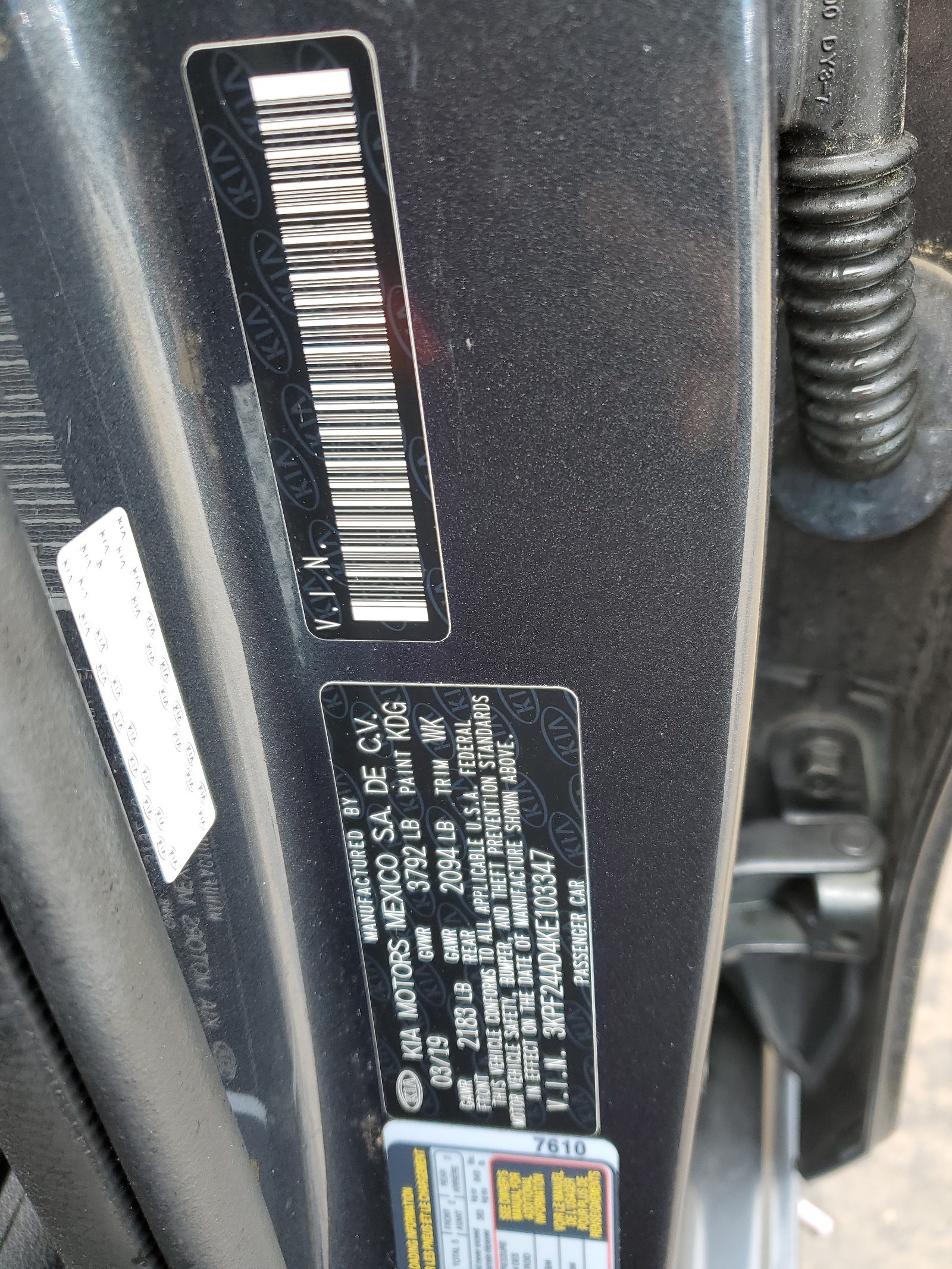 3KPF24AD4KE103347 2019 Kia Forte Fe