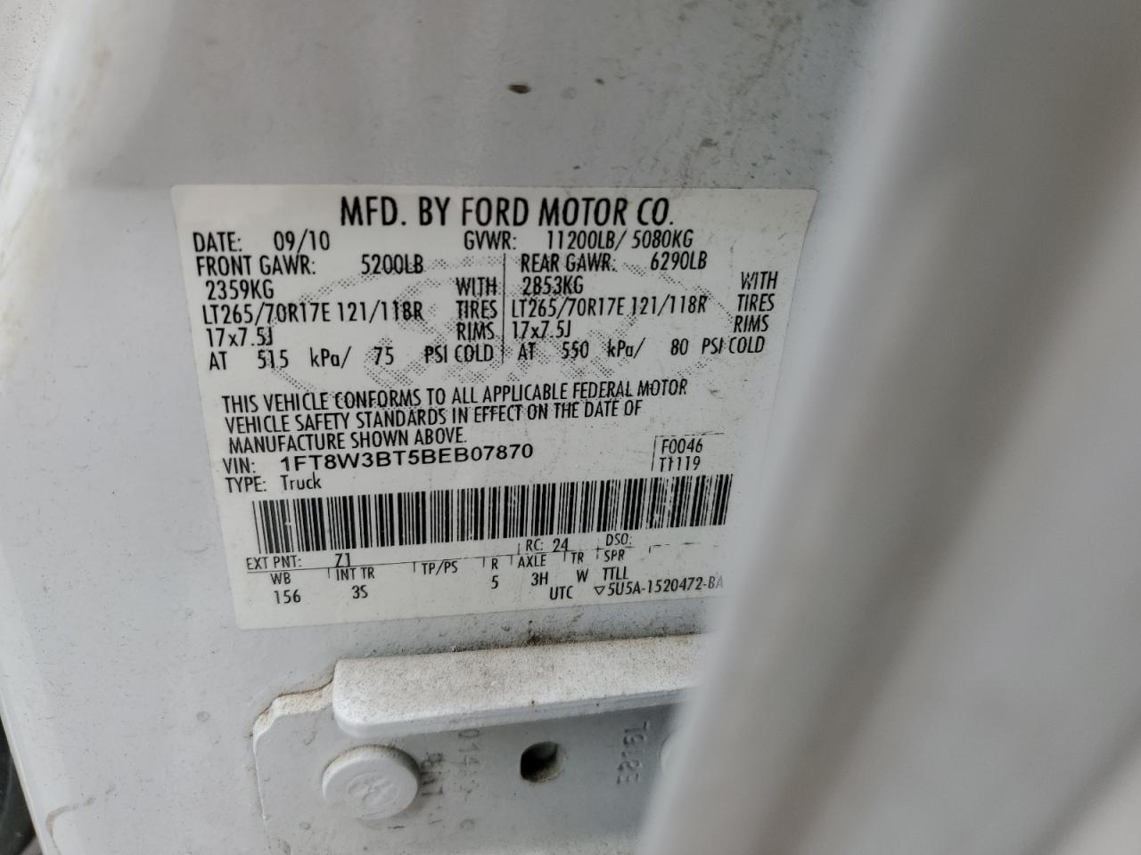 2011 Ford F350 Super Duty VIN: 1FT8W3BT5BEB07870 Lot: 71363544