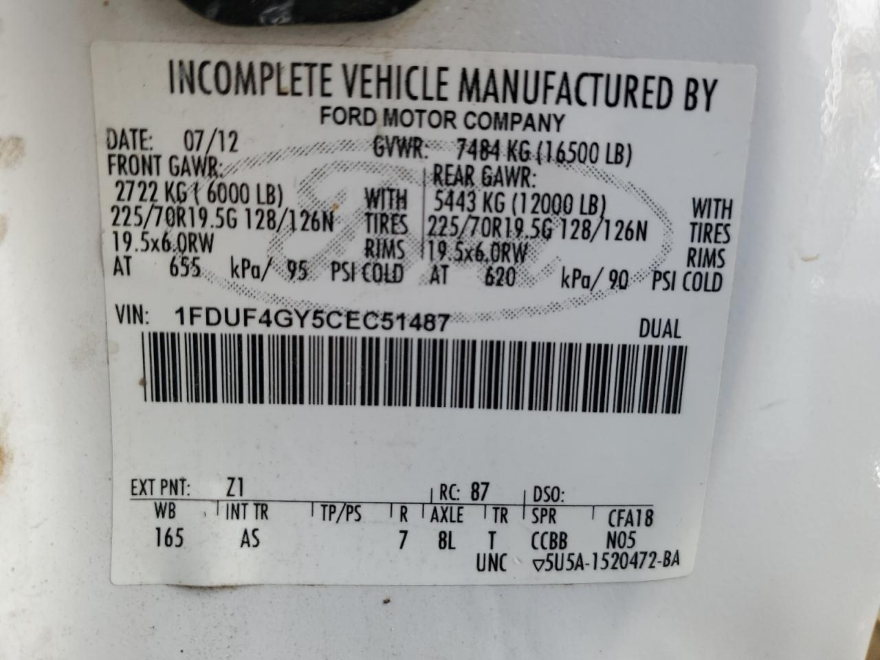 2012 Ford F450 Super Duty VIN: 1FDUF4GY5CEC51487 Lot: 62966534