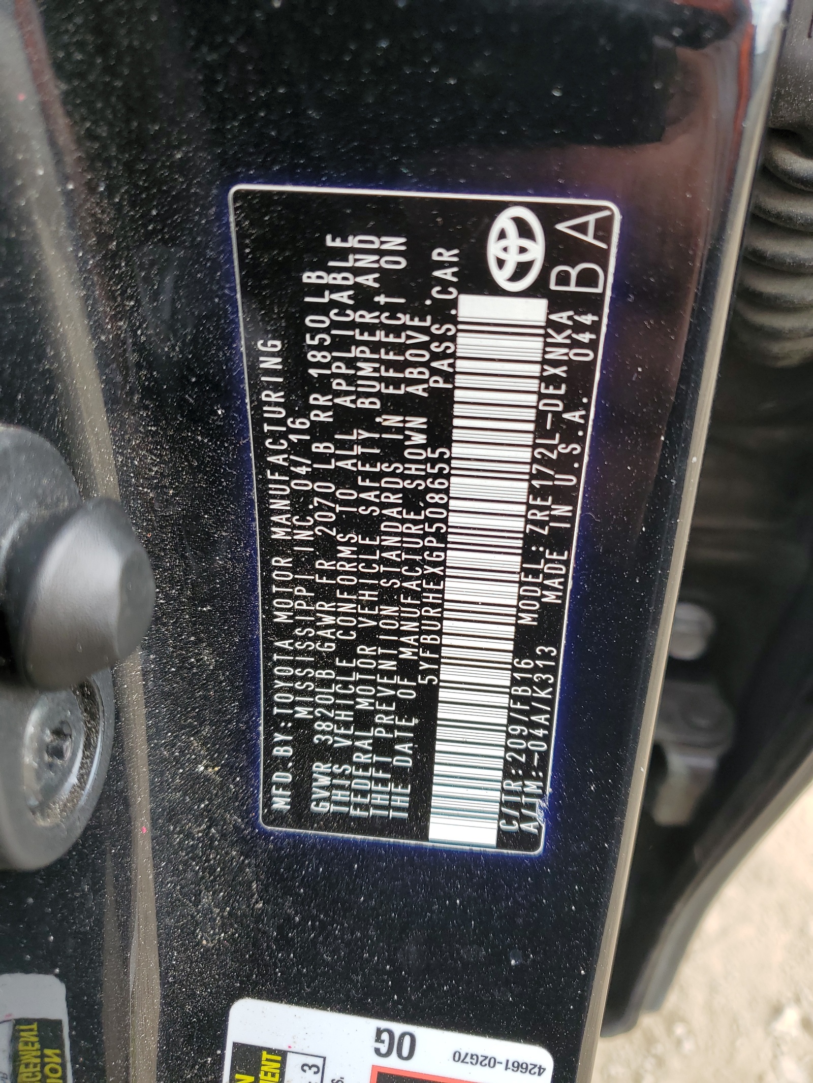 5YFBURHEXGP508655 2016 Toyota Corolla L