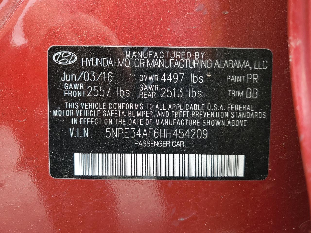 2017 Hyundai Sonata Sport VIN: 5NPE34AF6HH454209 Lot: 52298864