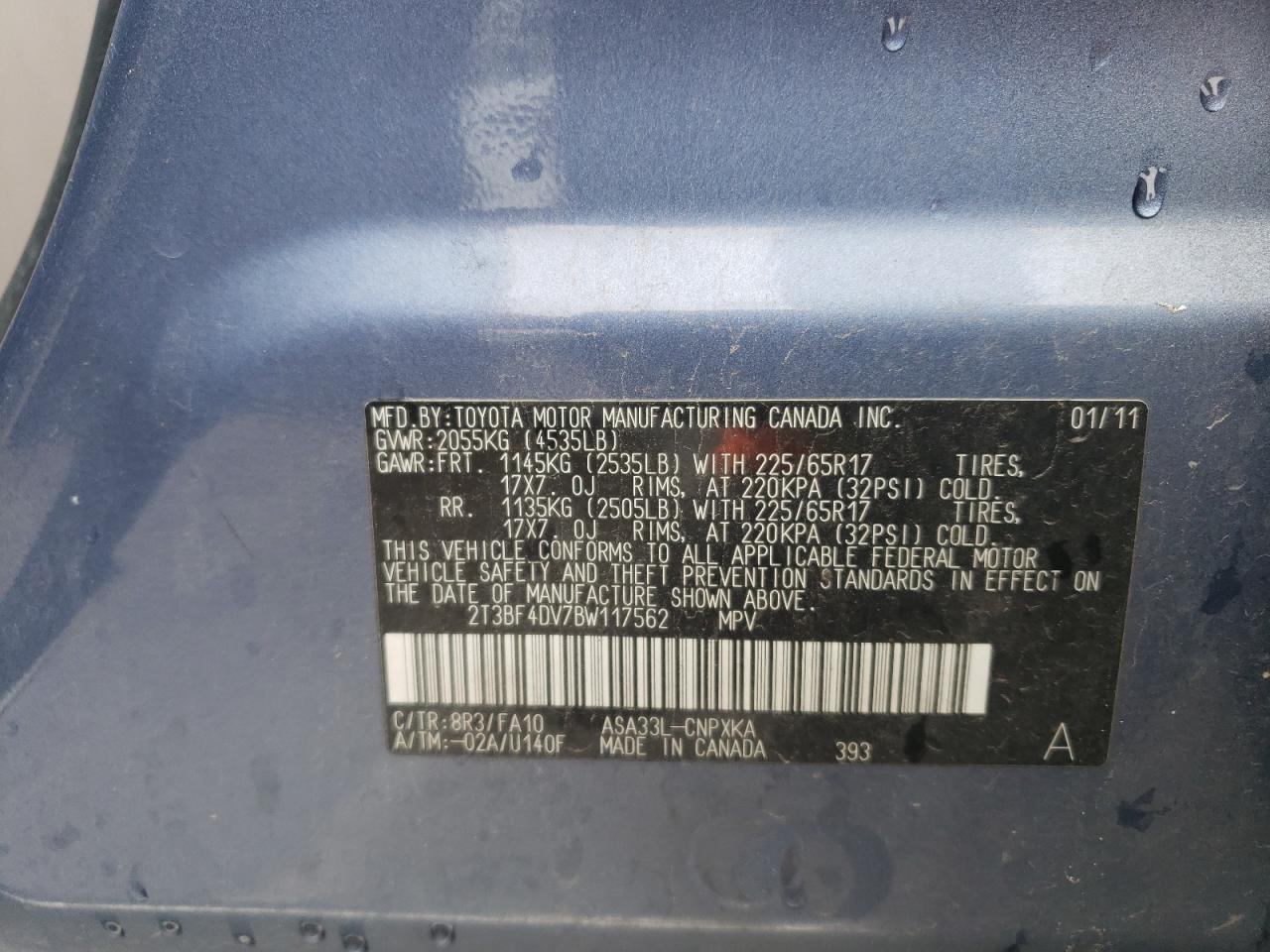 2011 Toyota Rav4 VIN: 2T3BF4DV7BW117562 Lot: 50308194