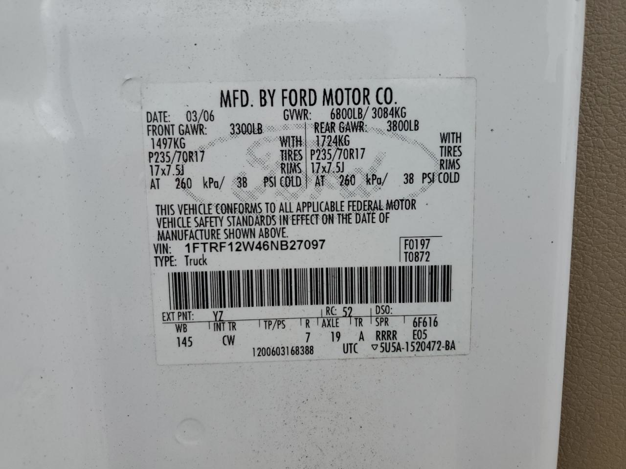 2006 Ford F150 VIN: 1FTRF12W46NB27097 Lot: 51553294