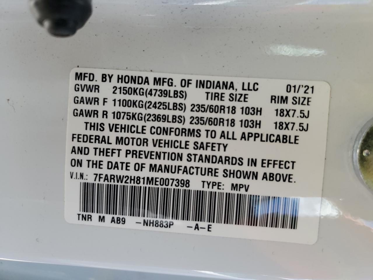 2021 Honda Cr-V Exl VIN: 7FARW2H81ME007398 Lot: 51286304