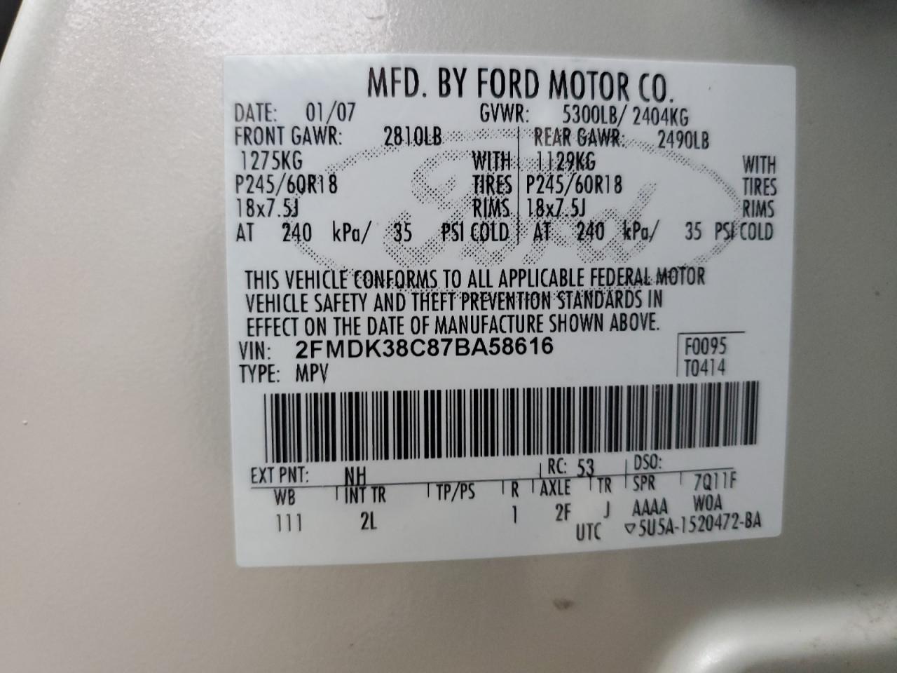 2007 Ford Edge Sel VIN: 2FMDK38C87BA58616 Lot: 49394484