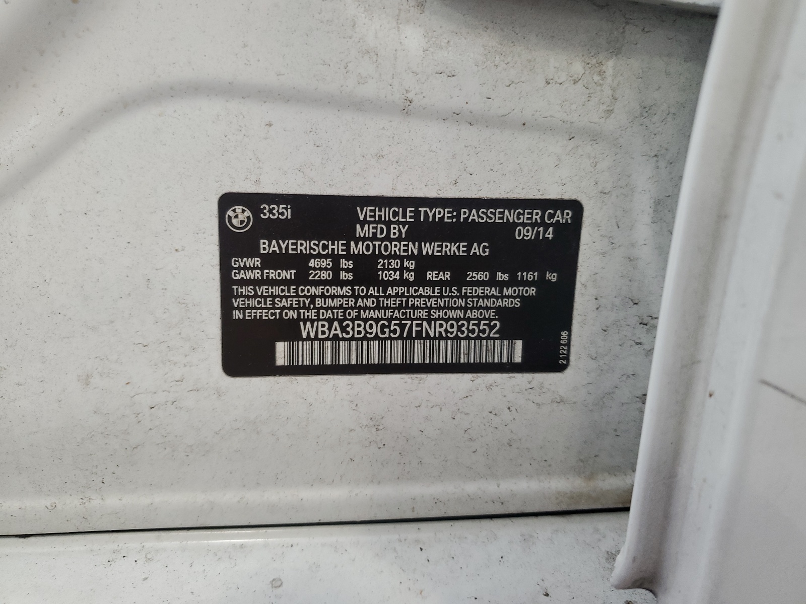 WBA3B9G57FNR93552 2015 BMW 335 Xi