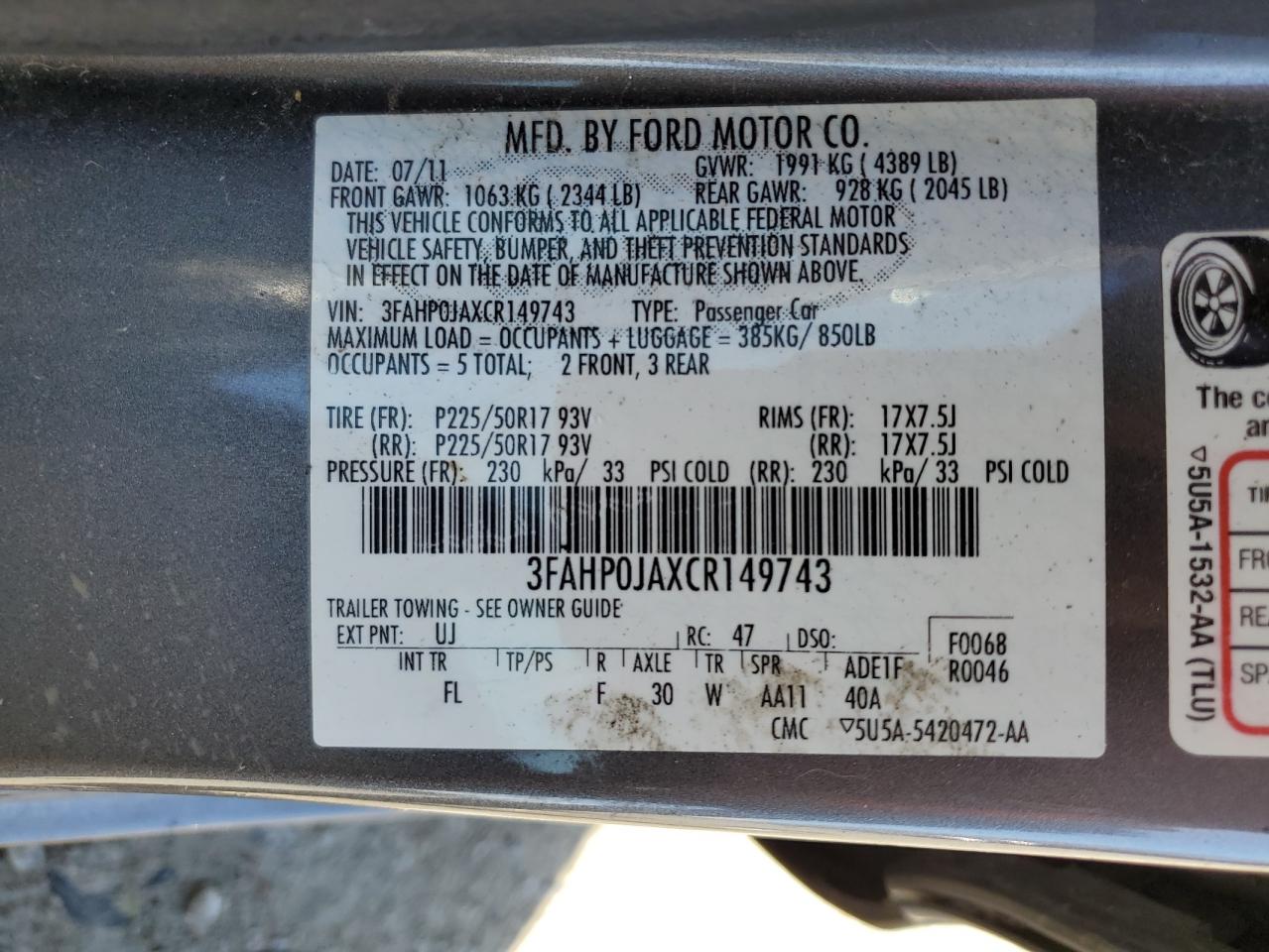 2012 Ford Fusion Sel VIN: 3FAHP0JAXCR149743 Lot: 62822844