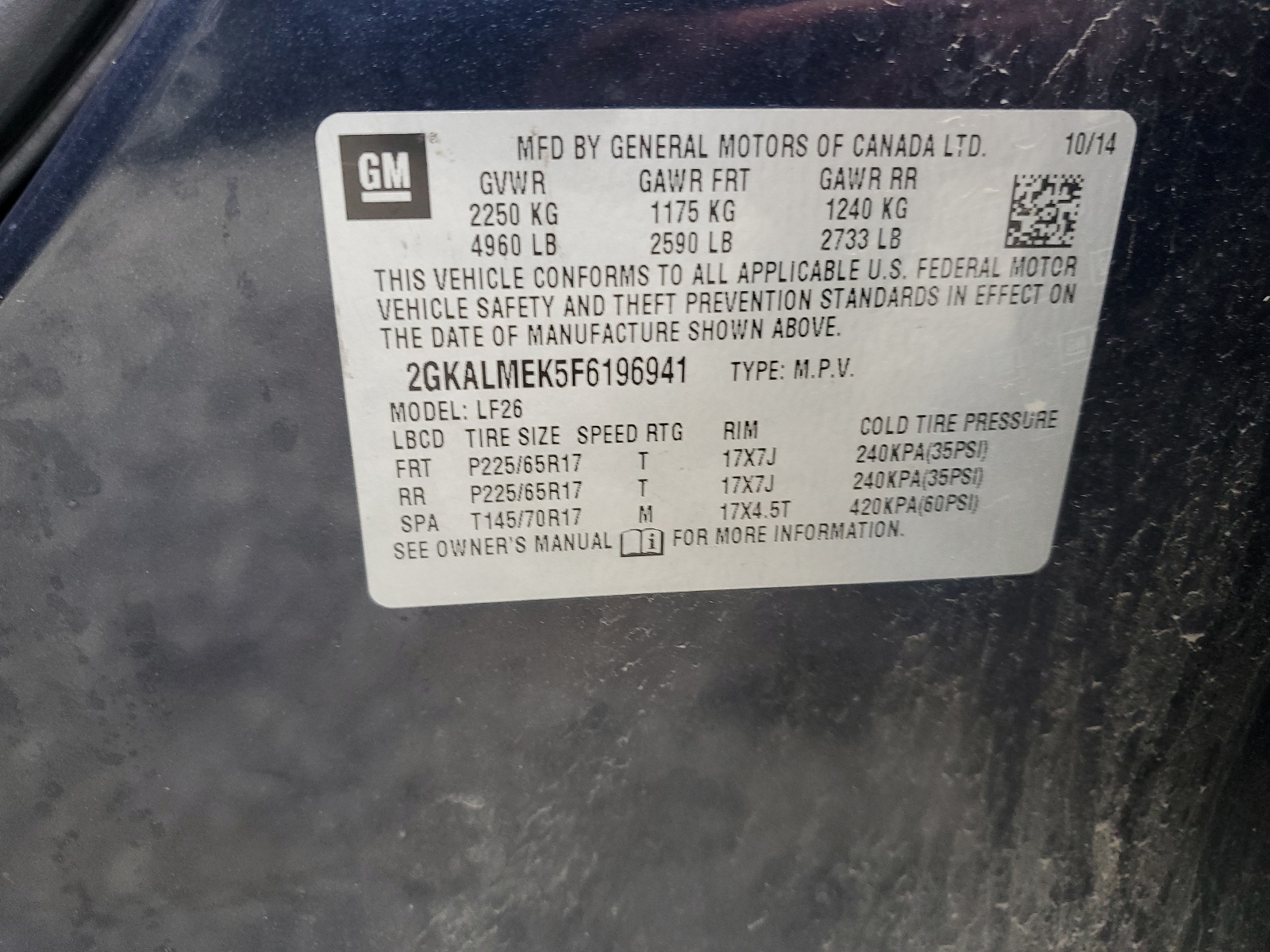 2GKALMEK5F6196941 2015 GMC Terrain Sle