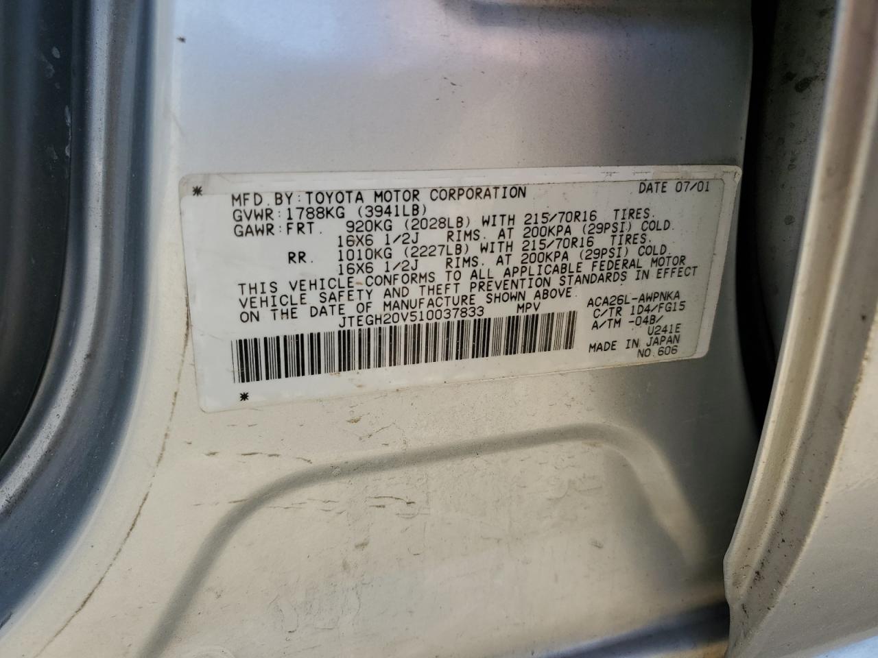 2001 Toyota Rav4 VIN: JTEGH20V510037833 Lot: 47646384