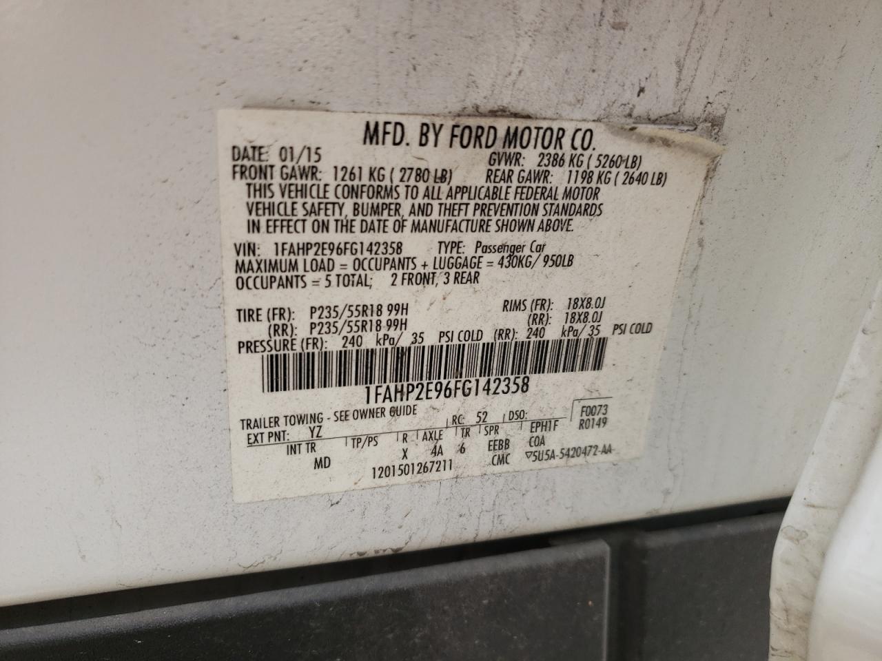 2015 Ford Taurus Sel VIN: 1FAHP2E96FG142358 Lot: 51833804