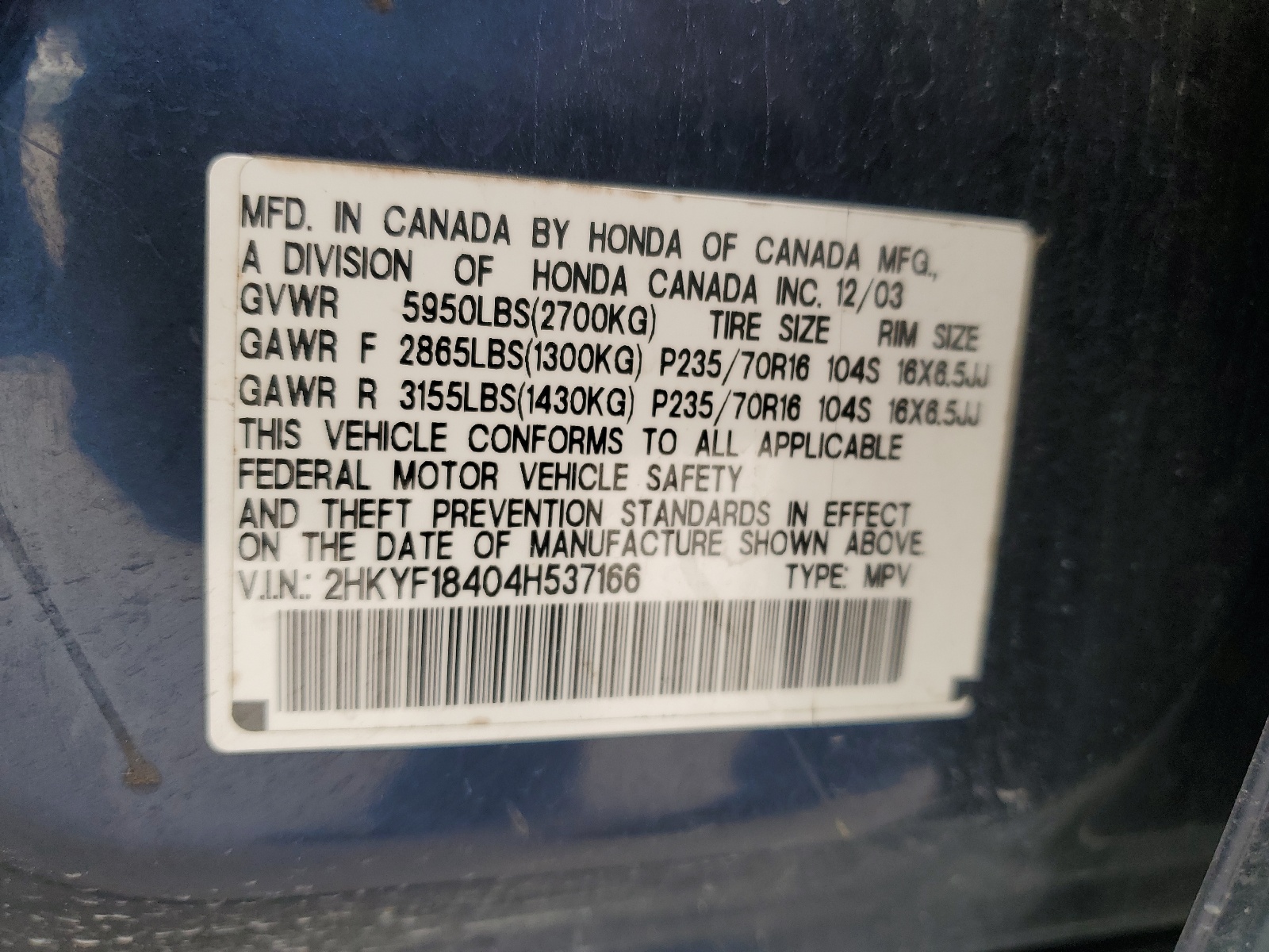 2HKYF18404H537166 2004 Honda Pilot Ex