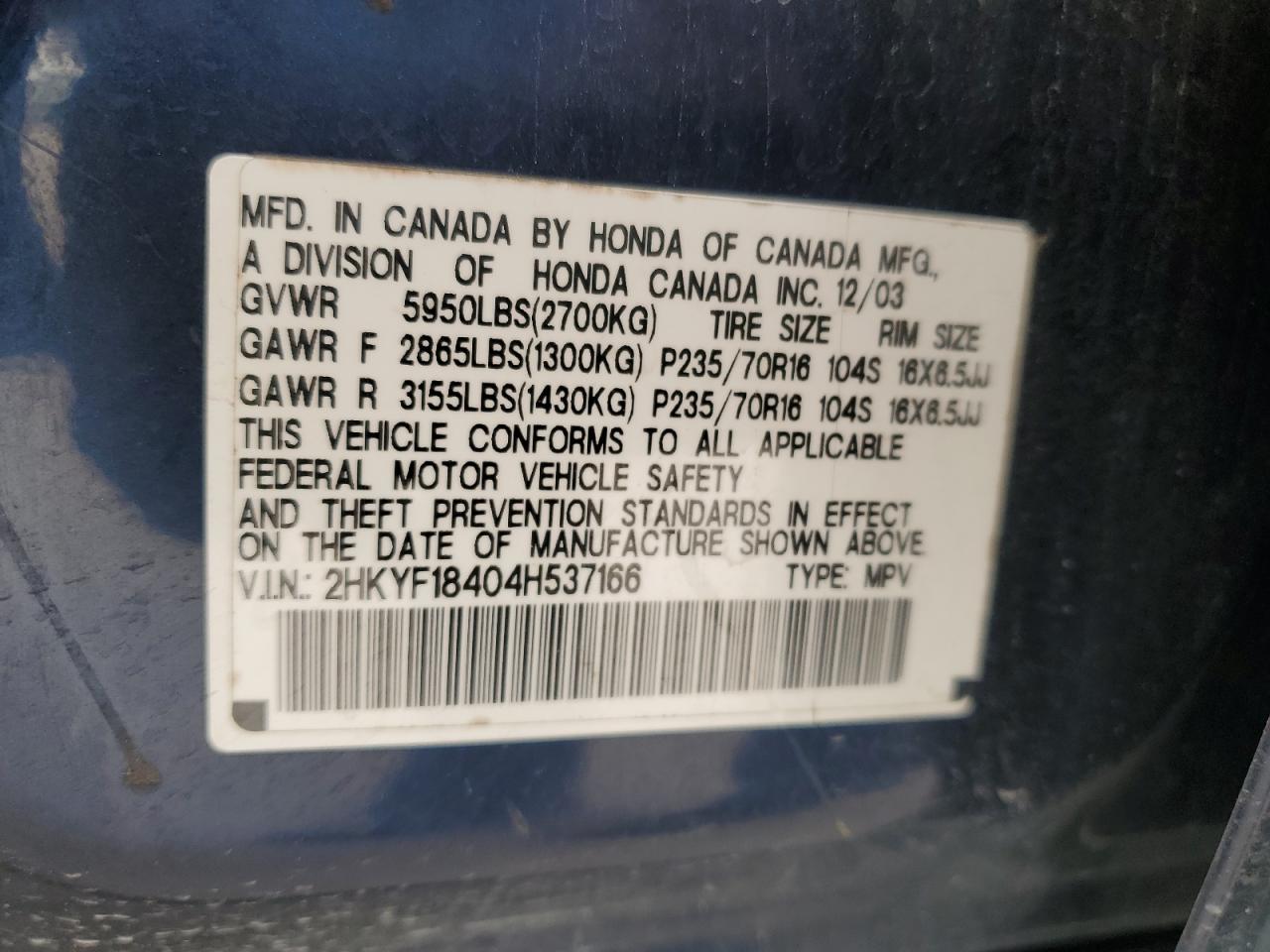 2004 Honda Pilot Ex VIN: 2HKYF18404H537166 Lot: 51667414