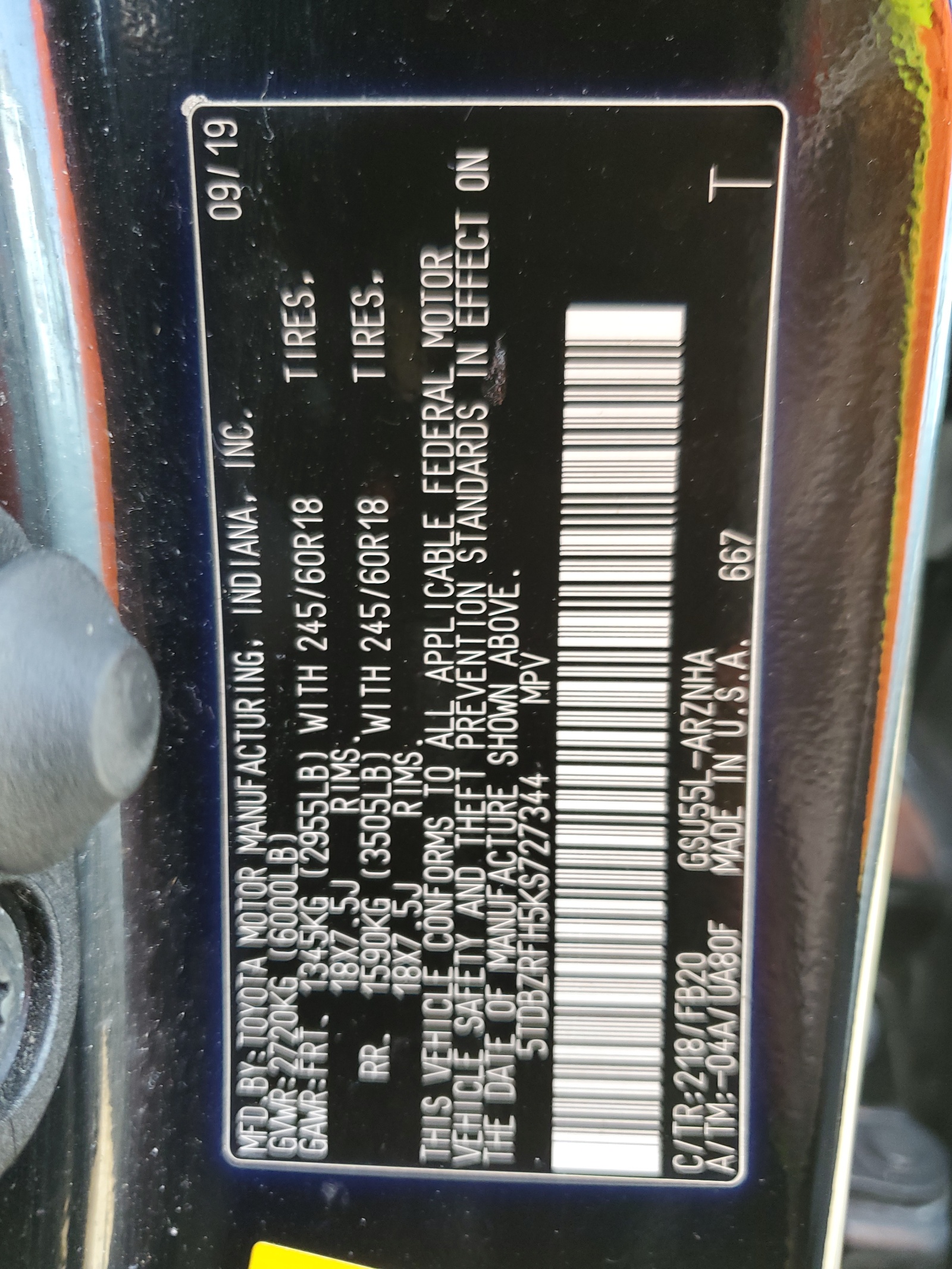 5TDBZRFH5KS727344 2019 Toyota Highlander Le