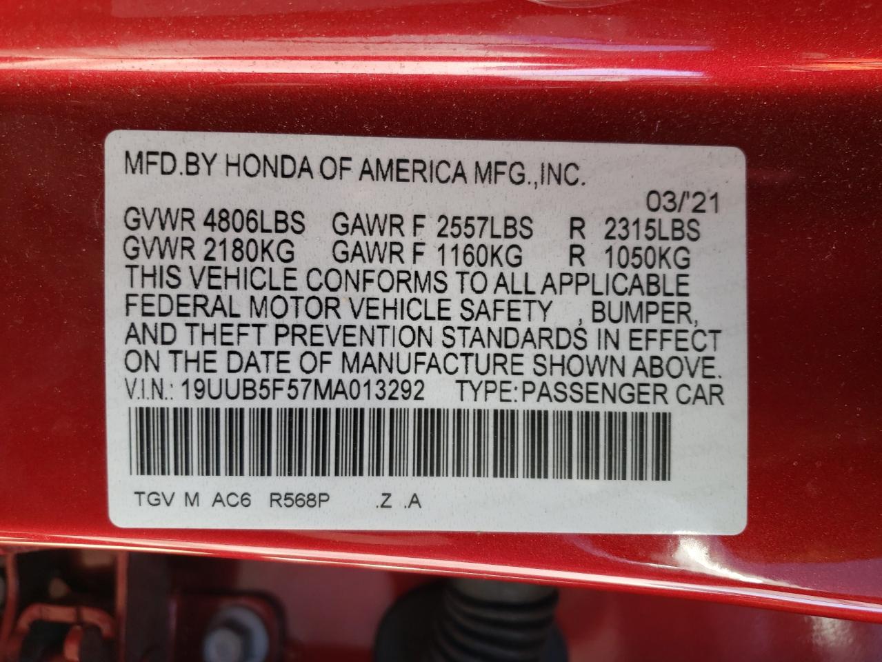 19UUB5F57MA013292 2021 Acura Tlx Tech A