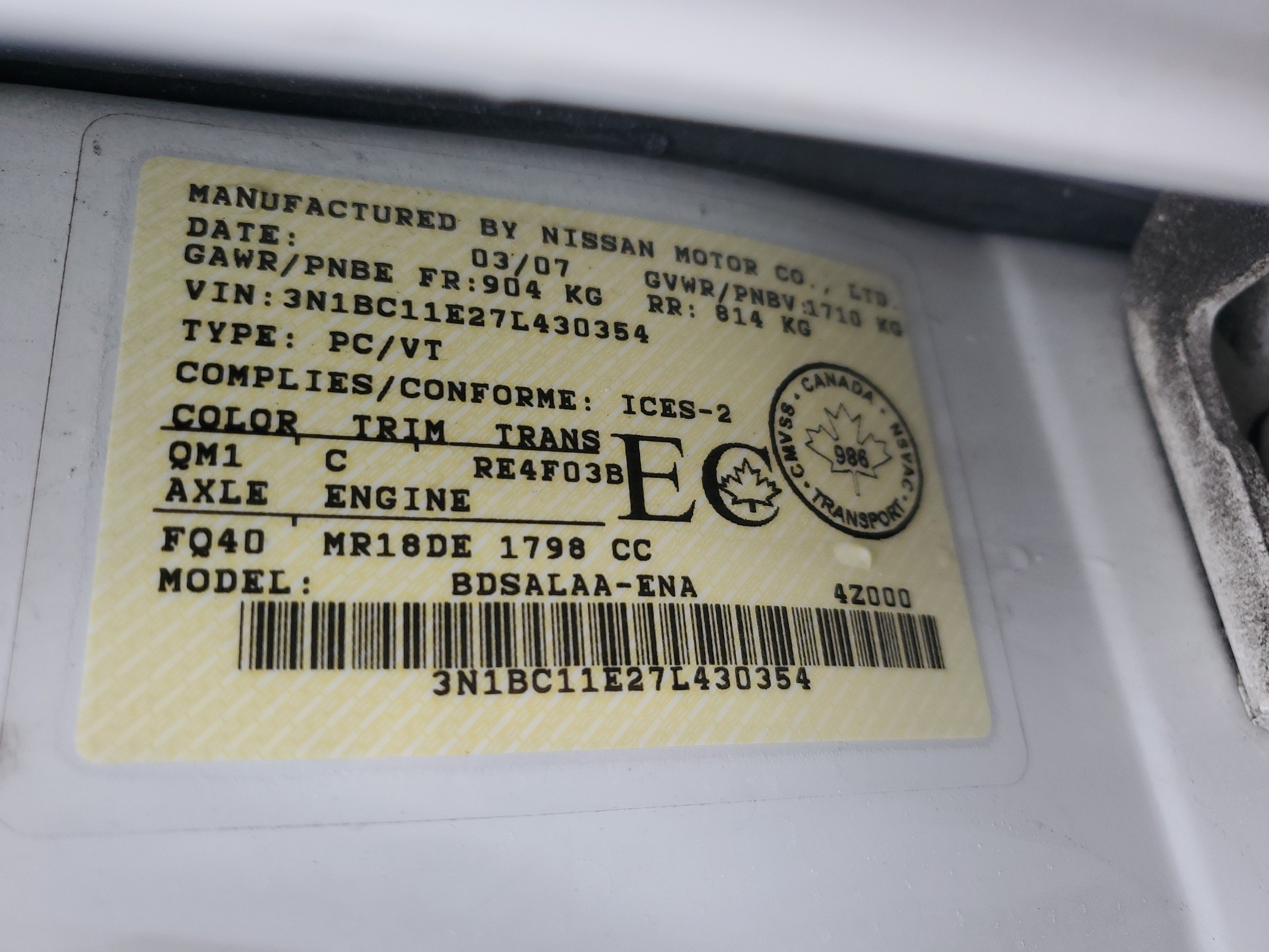 3N1BC11E27L430354 2007 Nissan Versa S