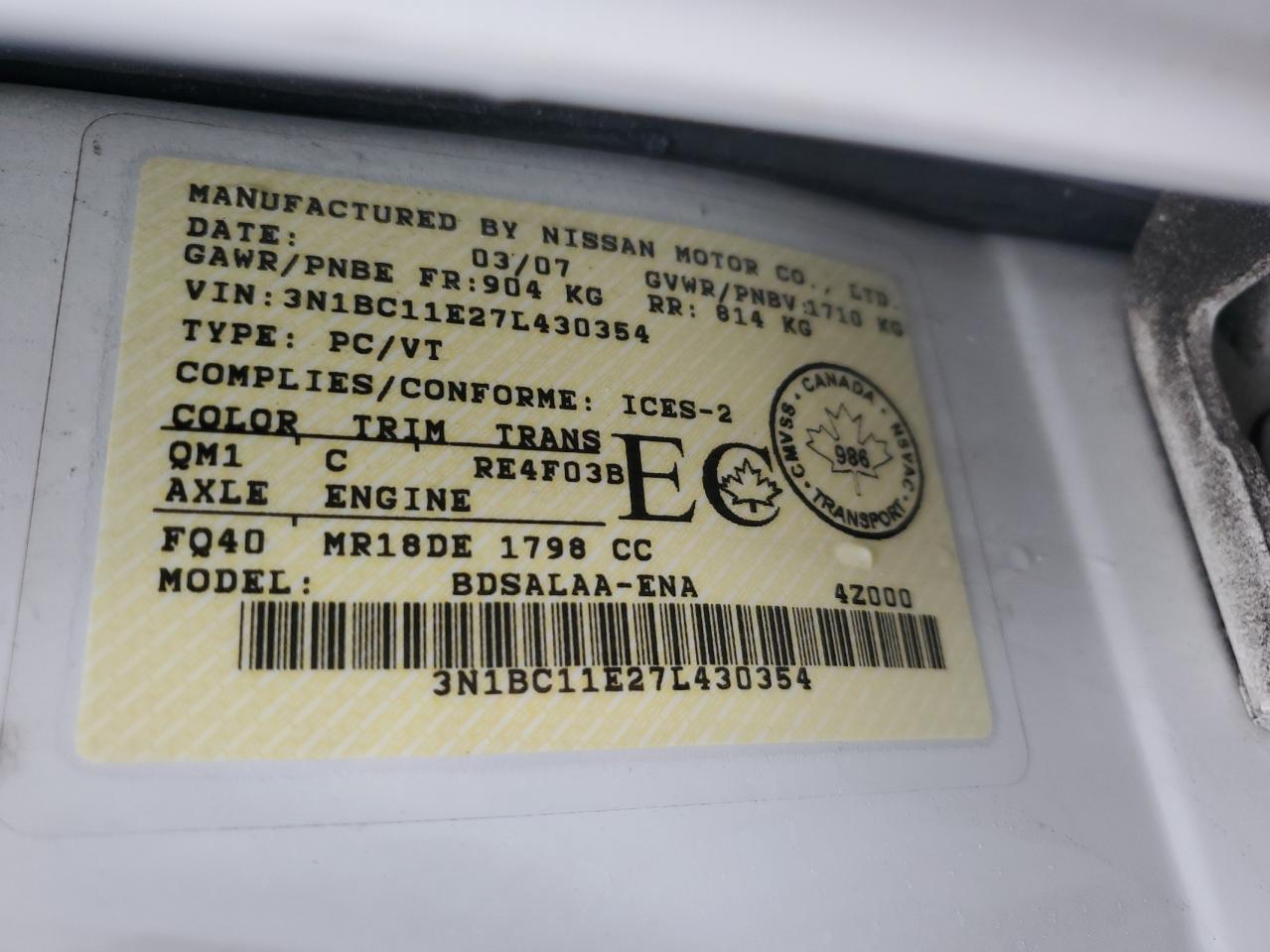 2007 Nissan Versa S VIN: 3N1BC11E27L430354 Lot: 51363294