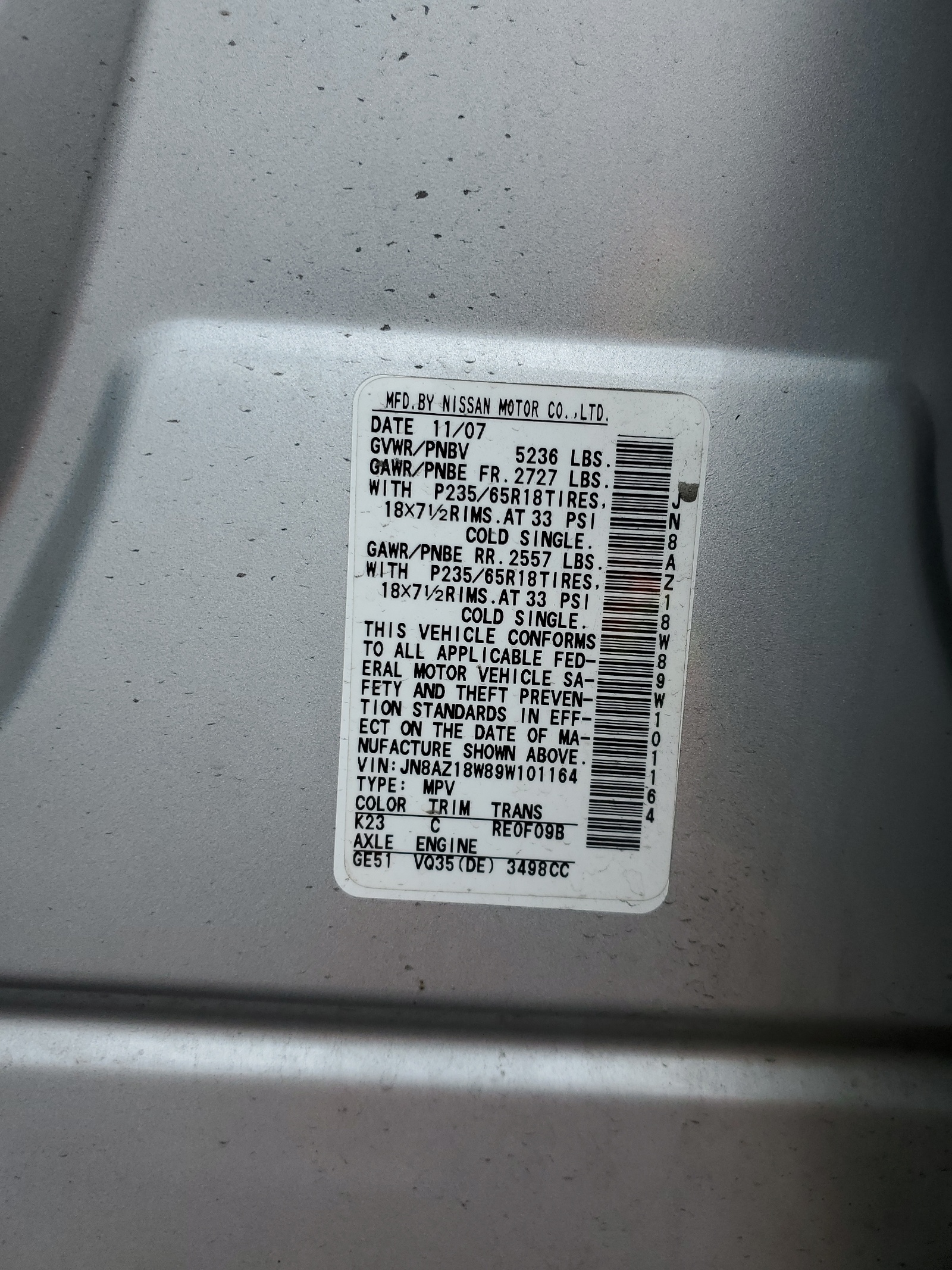 JN8AZ18W89W101164 2009 Nissan Murano S