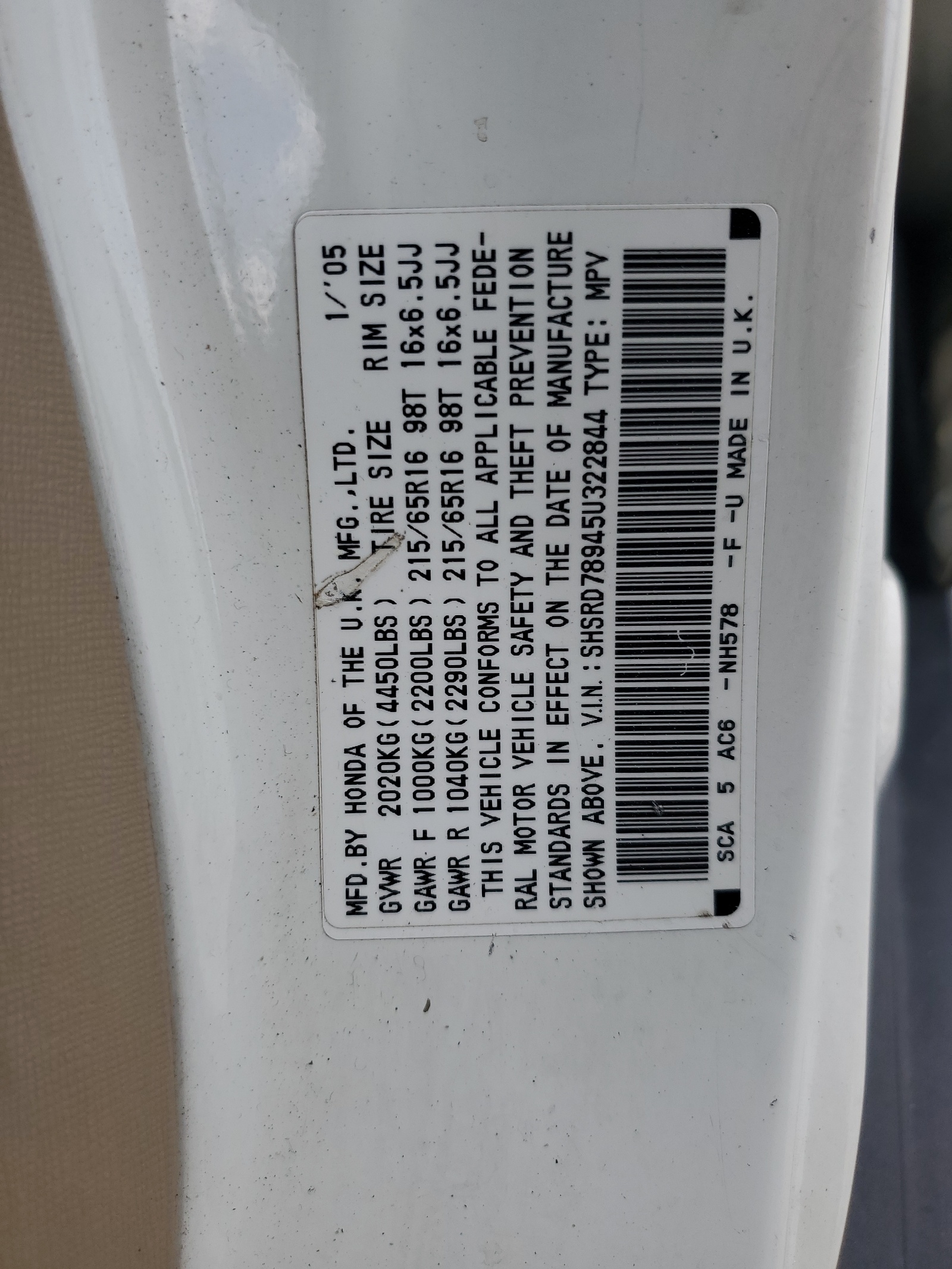 SHSRD78945U322844 2005 Honda Cr-V Se