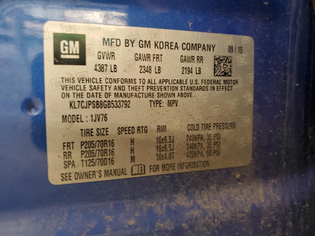 2016 Chevrolet Trax 1Lt VIN: KL7CJPSB8GB533792 Lot: 51627074