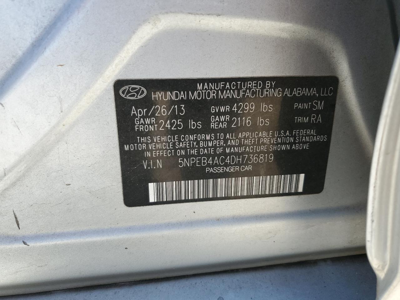 2013 Hyundai Sonata Gls VIN: 5NPEB4AC4DH736819 Lot: 51429434