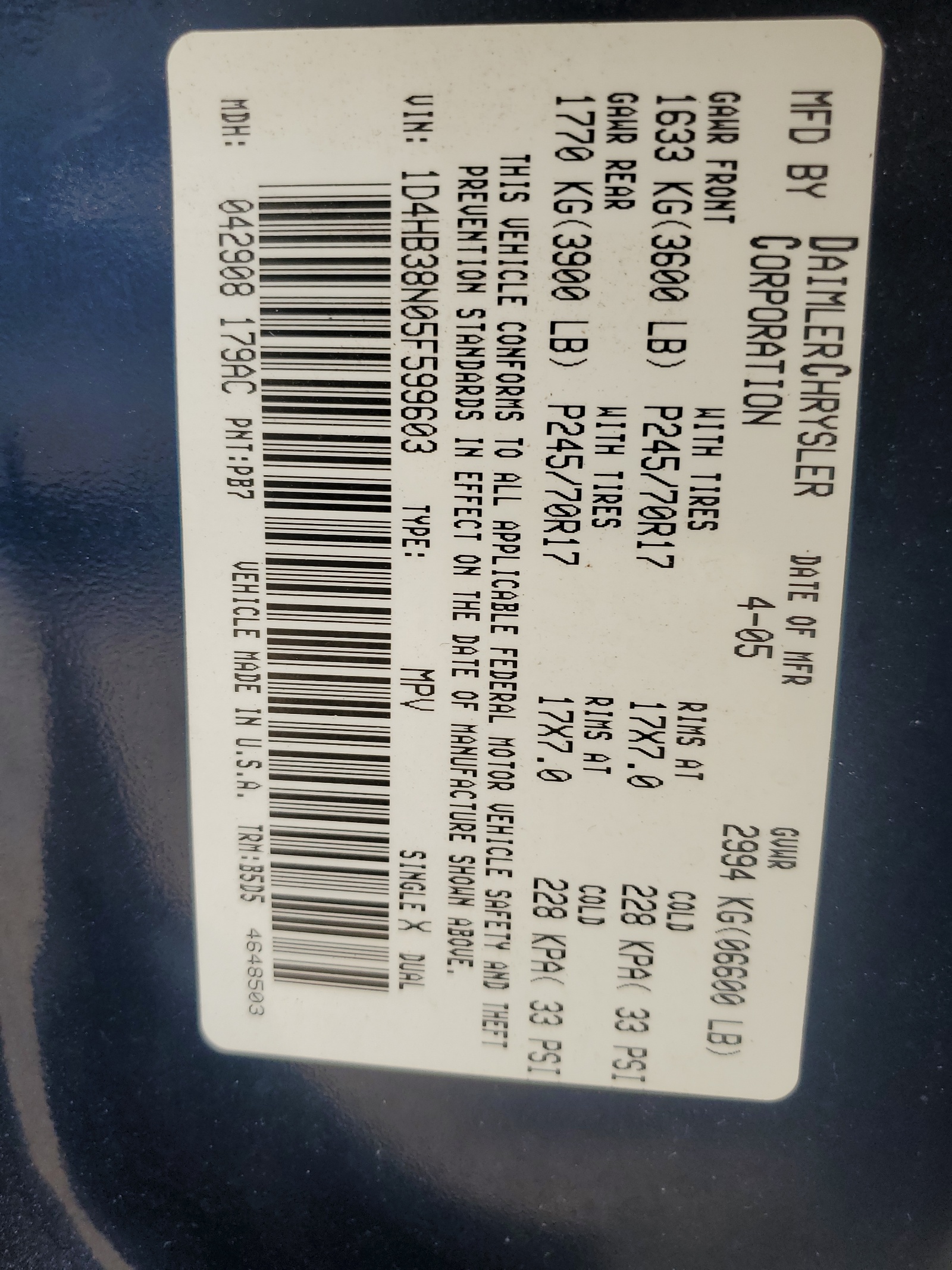 1D4HB38N05F599603 2005 Dodge Durango St