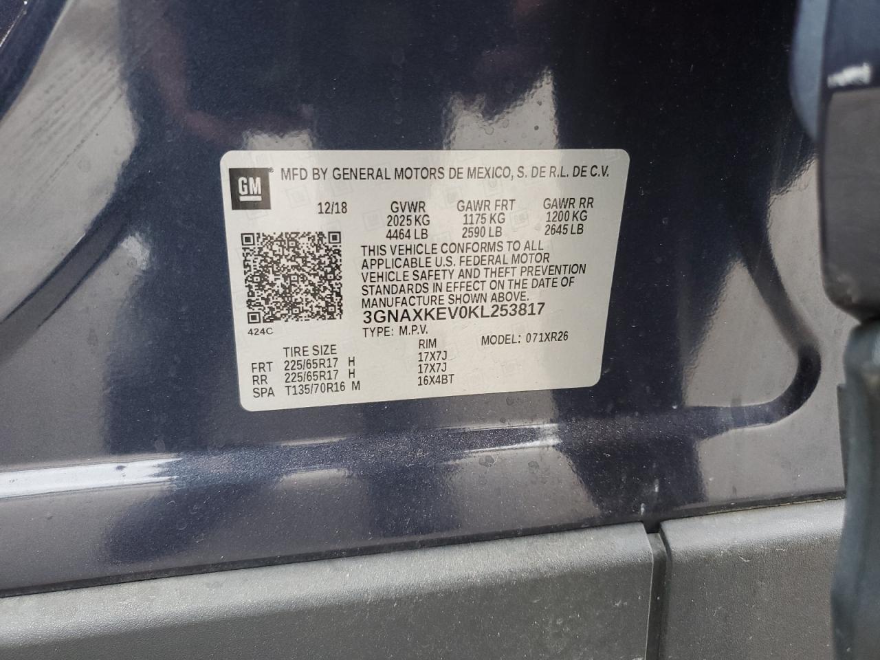 2019 Chevrolet Equinox Lt VIN: 3GNAXKEV0KL253817 Lot: 51895084