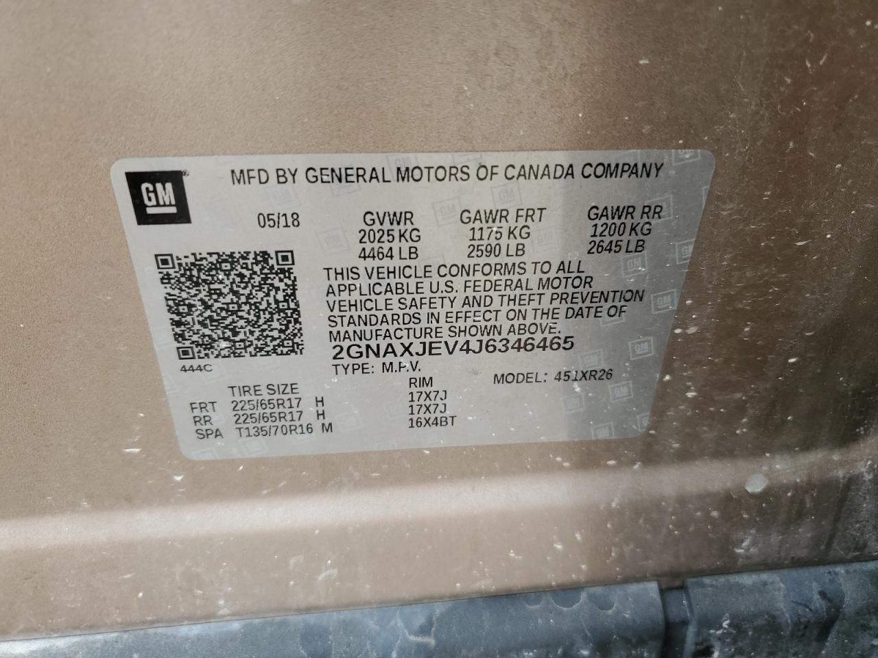 2018 Chevrolet Equinox Lt VIN: 2GNAXJEV4J6346465 Lot: 51094884