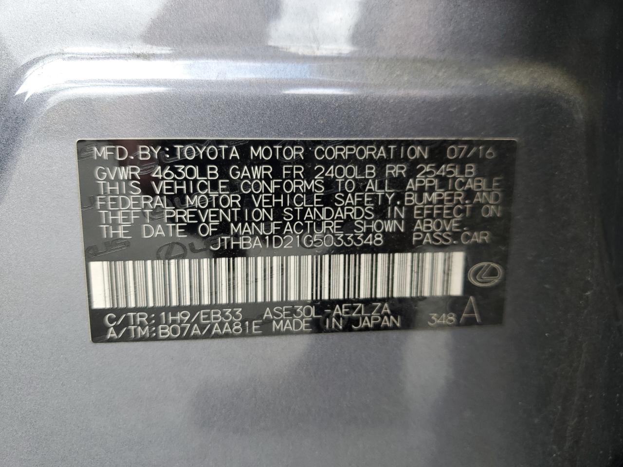 2016 Lexus Is 200T VIN: JTHBA1D21G5033348 Lot: 52601794