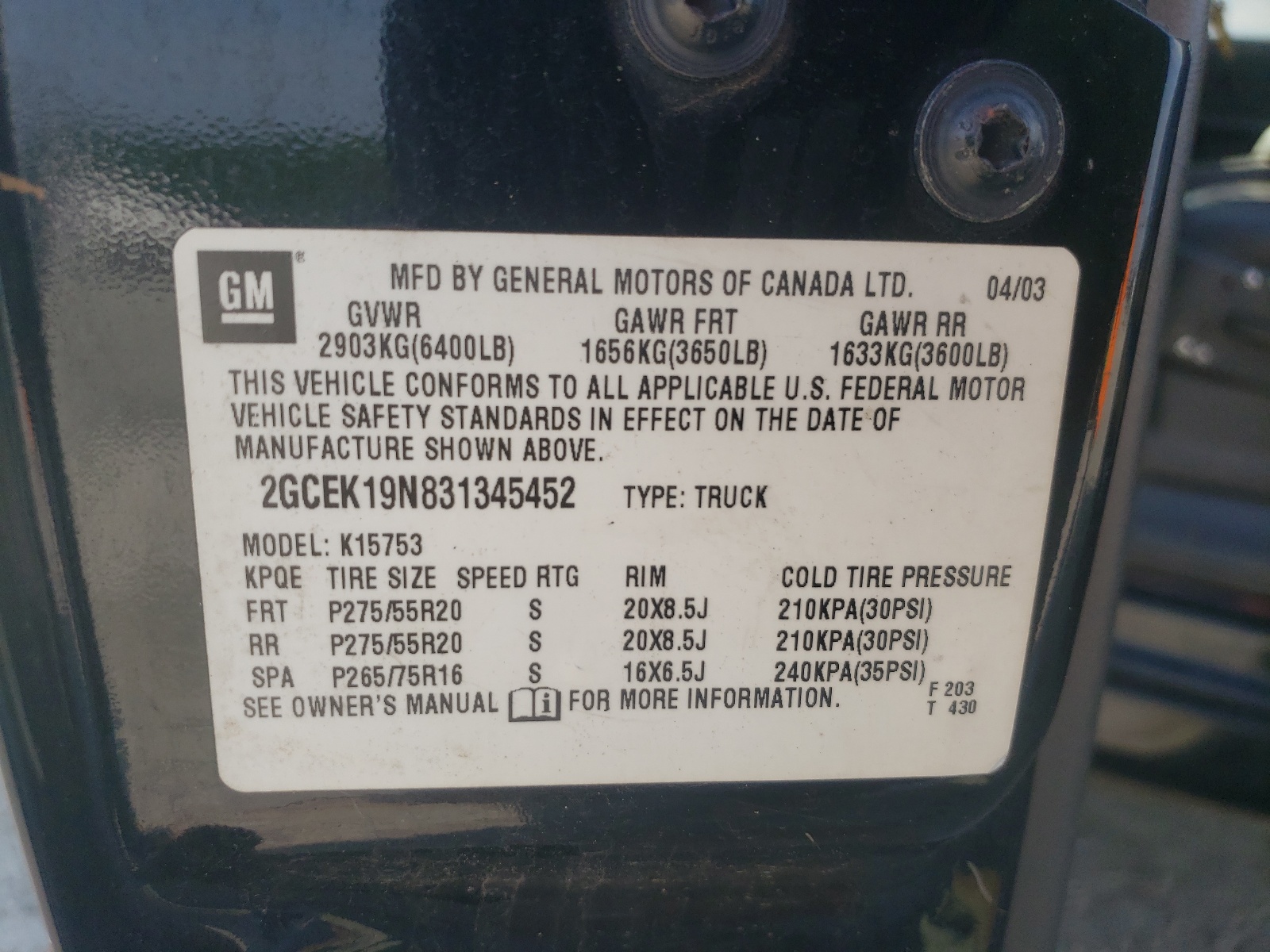 2GCEK19N831345452 2003 Chevrolet Silverado K1500