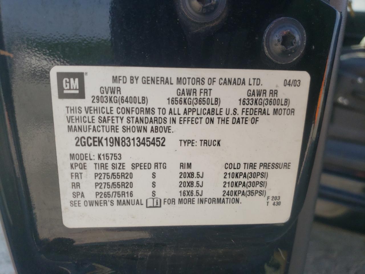 2003 Chevrolet Silverado K1500 VIN: 2GCEK19N831345452 Lot: 51628864