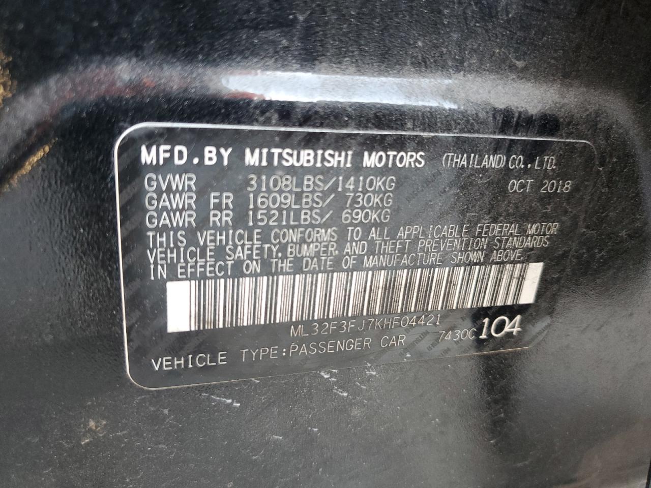 2019 Mitsubishi Mirage G4 Es VIN: ML32F3FJ7KHF04421 Lot: 50782514