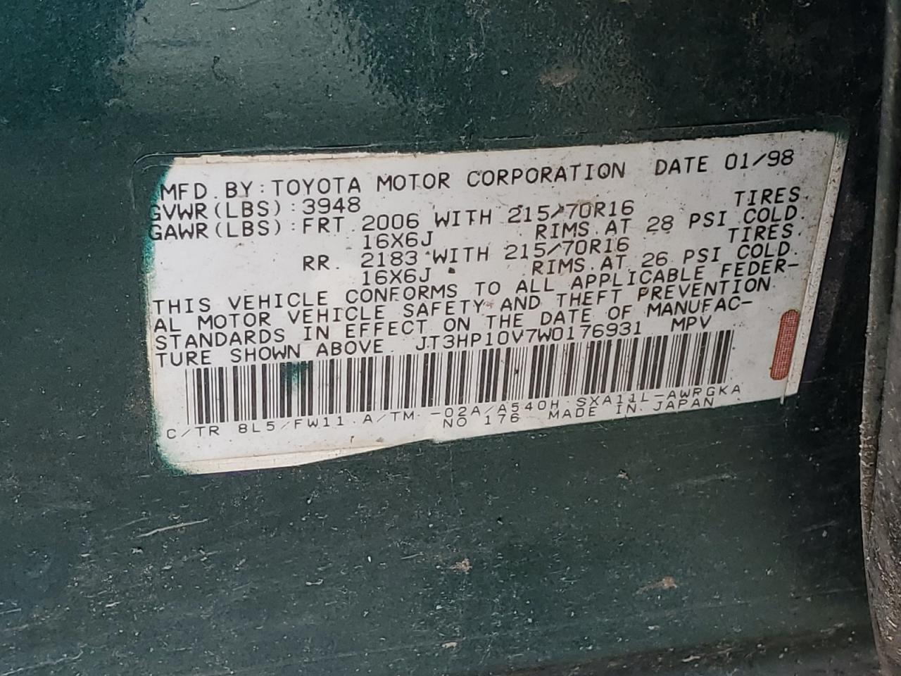 1998 Toyota Rav4 VIN: JT3HP10V7W0176931 Lot: 49278194