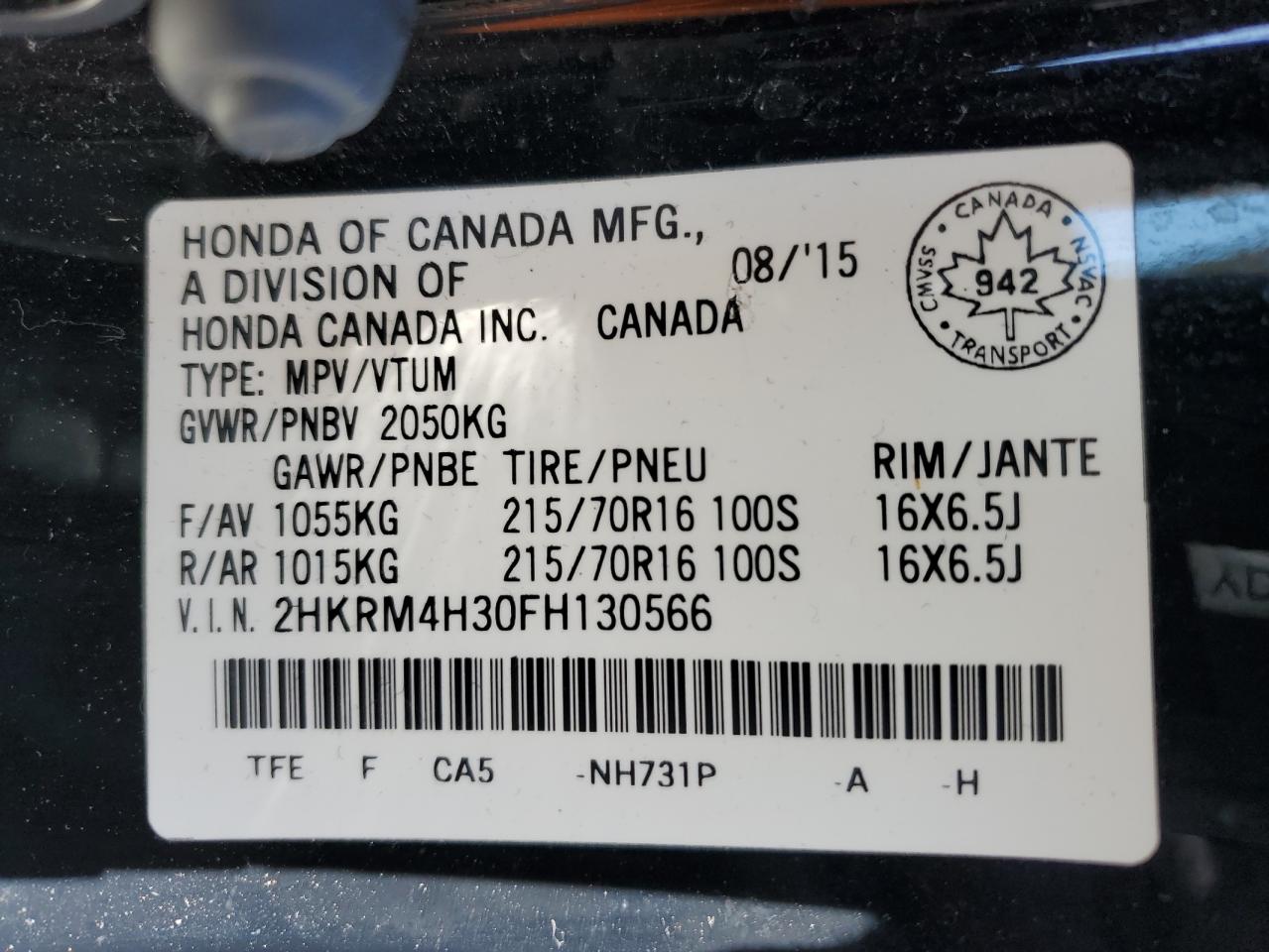 2015 Honda Cr-V Lx VIN: 2HKRM4H30FH130566 Lot: 51026714