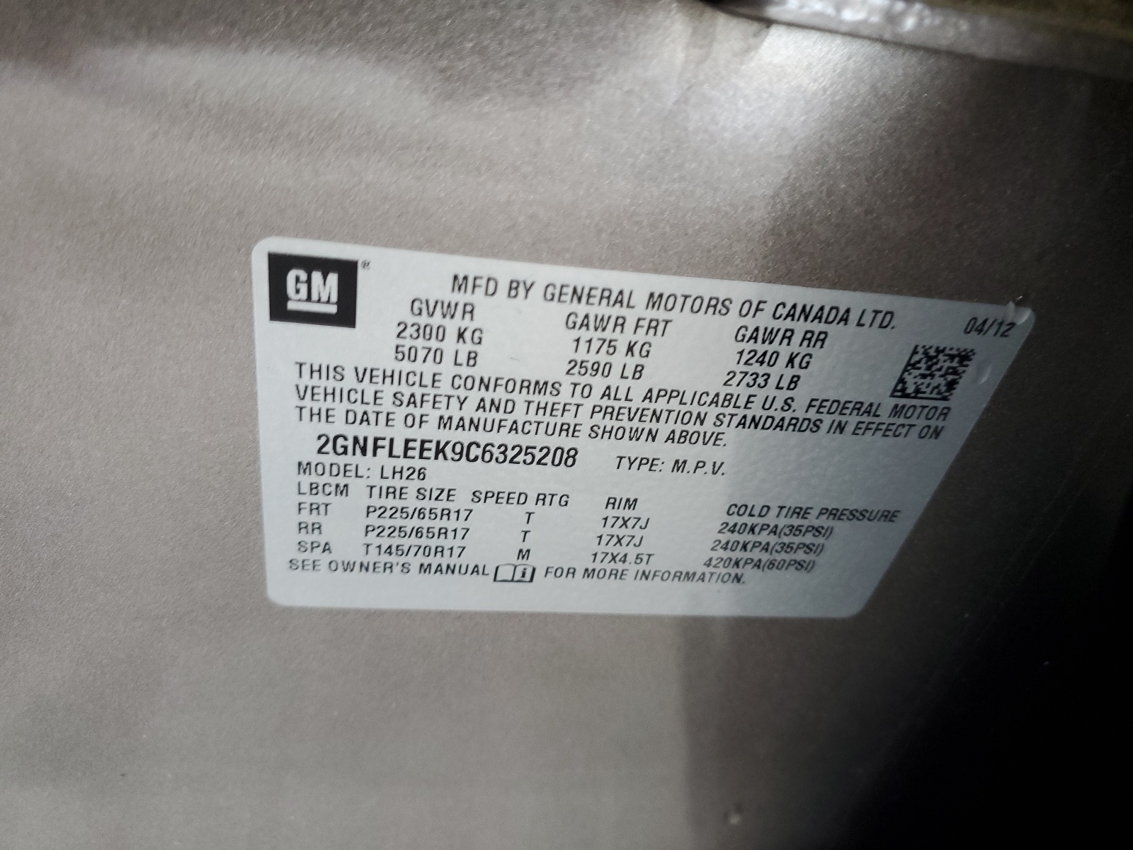 2GNFLEEK9C6325208 2012 Chevrolet Equinox Lt