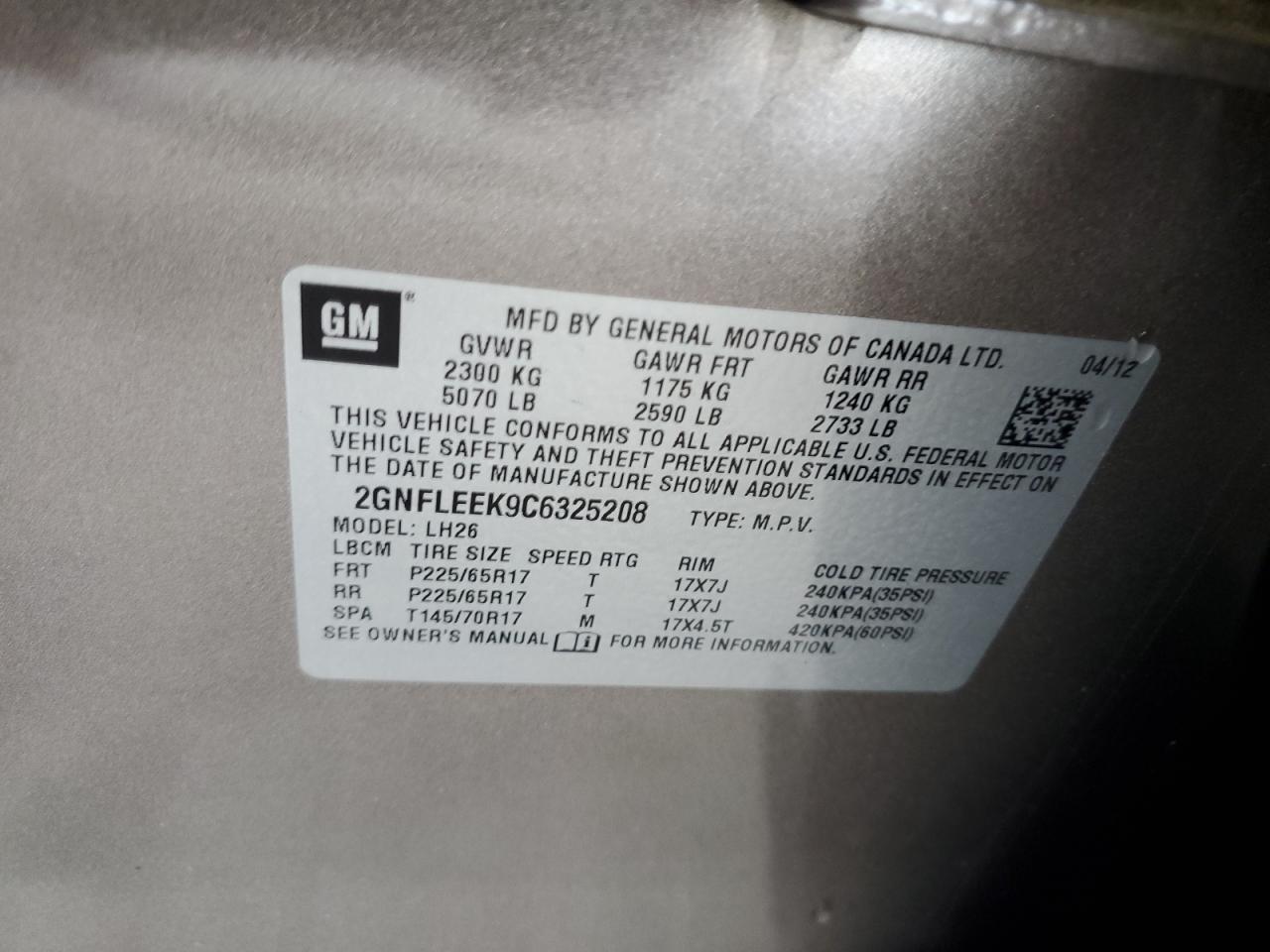 2012 Chevrolet Equinox Lt VIN: 2GNFLEEK9C6325208 Lot: 51105554