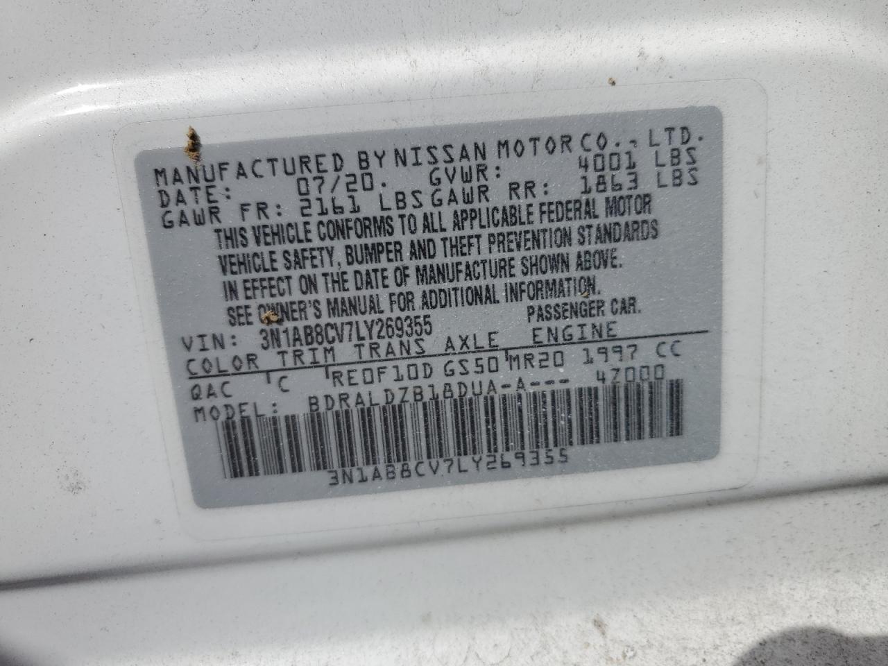 2020 Nissan Sentra Sv VIN: 3N1AB8CV7LY269355 Lot: 51622344