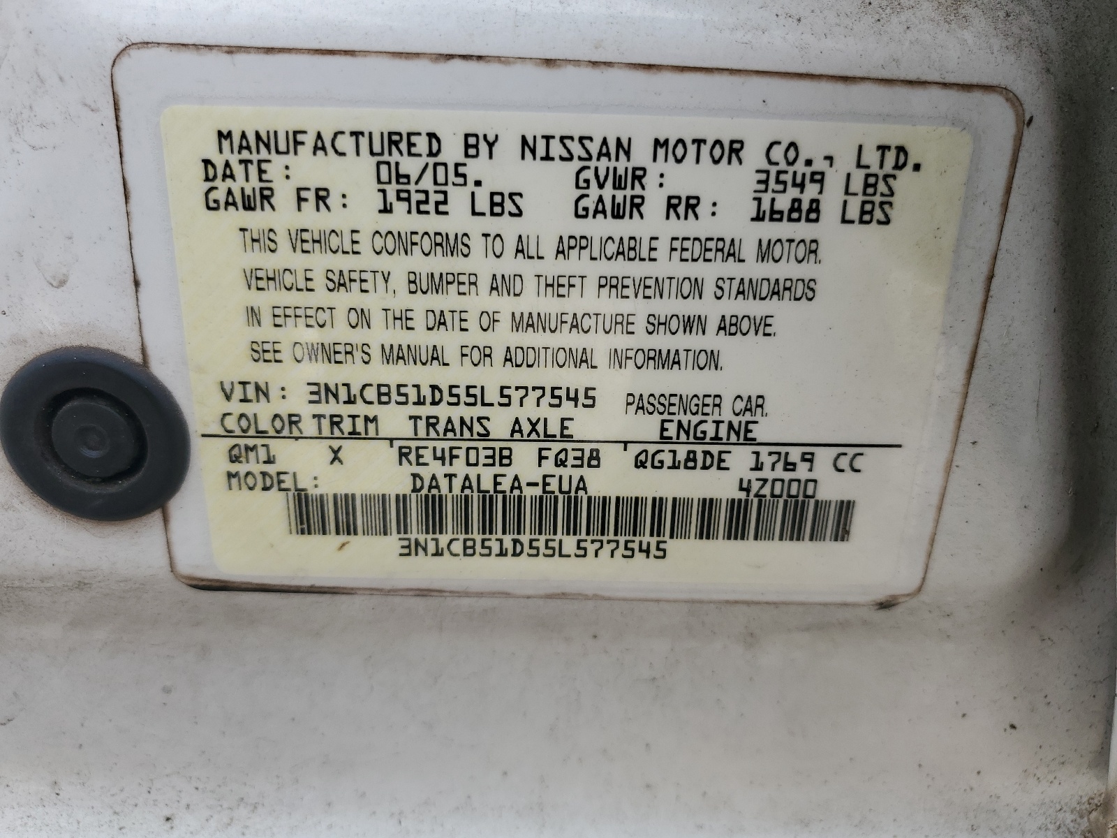 3N1CB51D55L577545 2005 Nissan Sentra 1.8