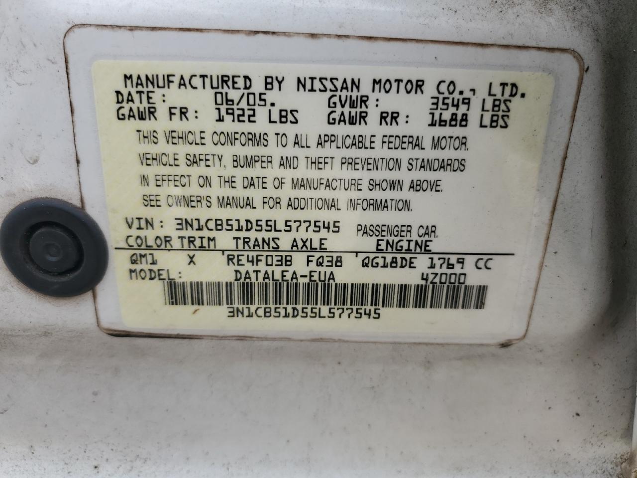 2005 Nissan Sentra 1.8 VIN: 3N1CB51D55L577545 Lot: 48910954