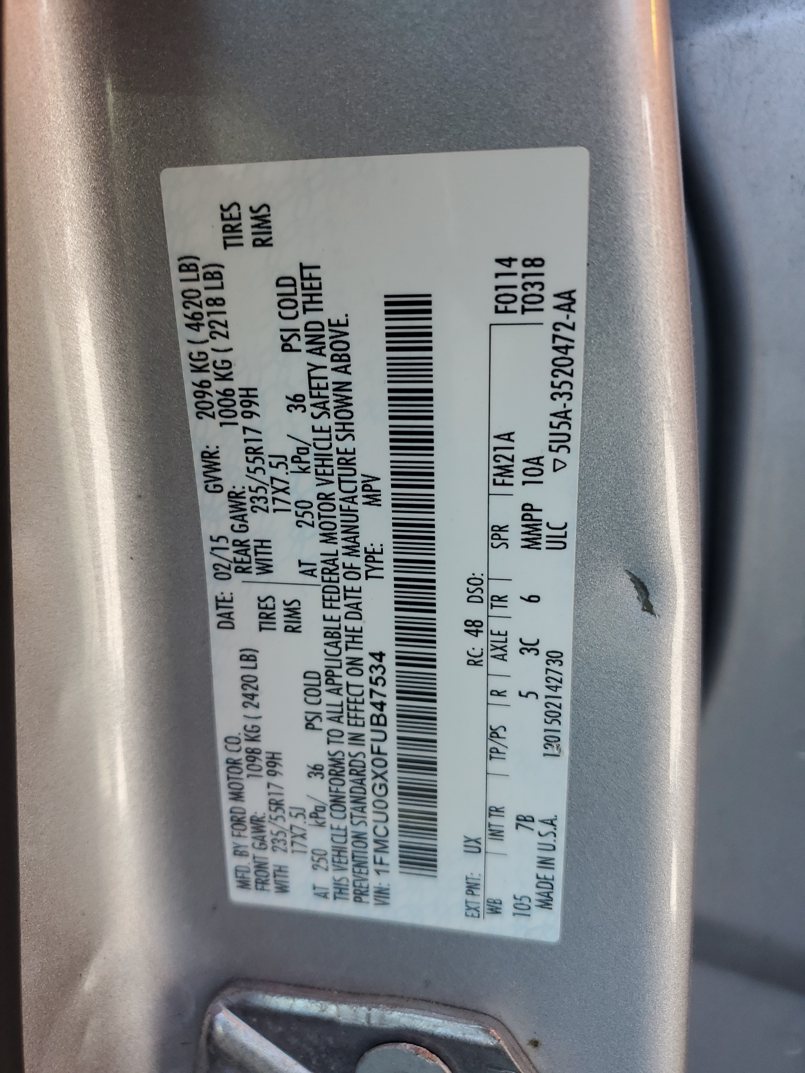 1FMCU0GX0FUB47534 2015 Ford Escape Se