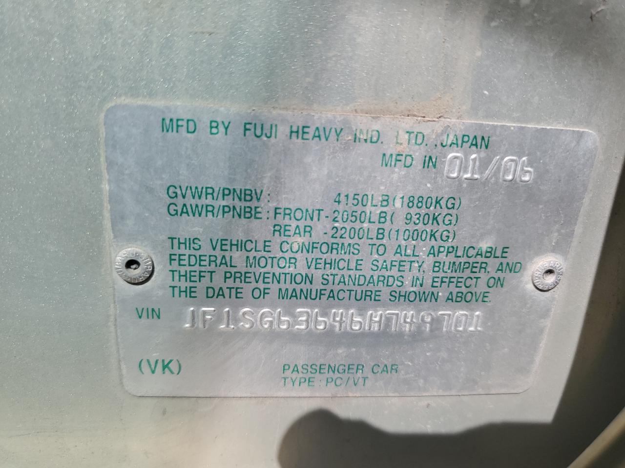 2006 Subaru Forester 2.5X VIN: JF1SG63646H749701 Lot: 50930064